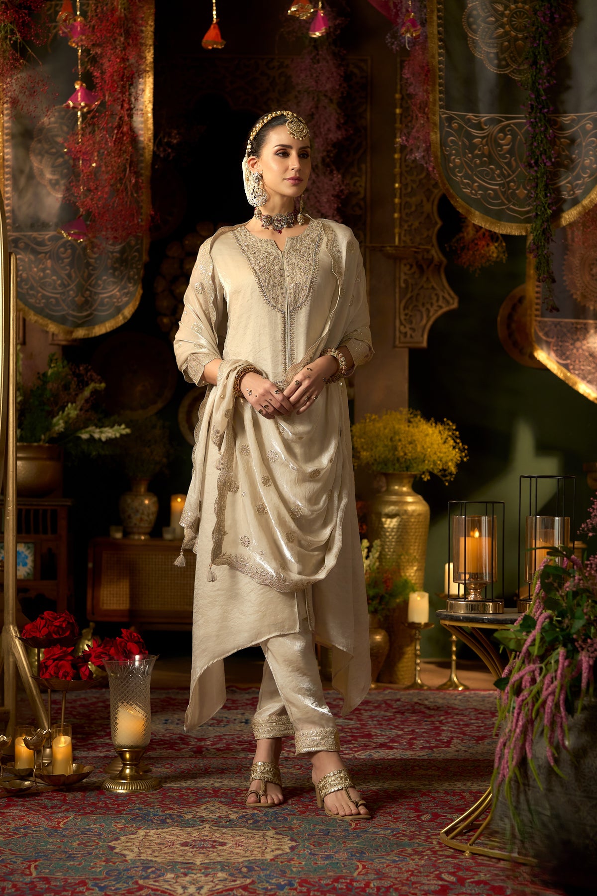Champagne Ivory Embellished Roman Silk Pant Set