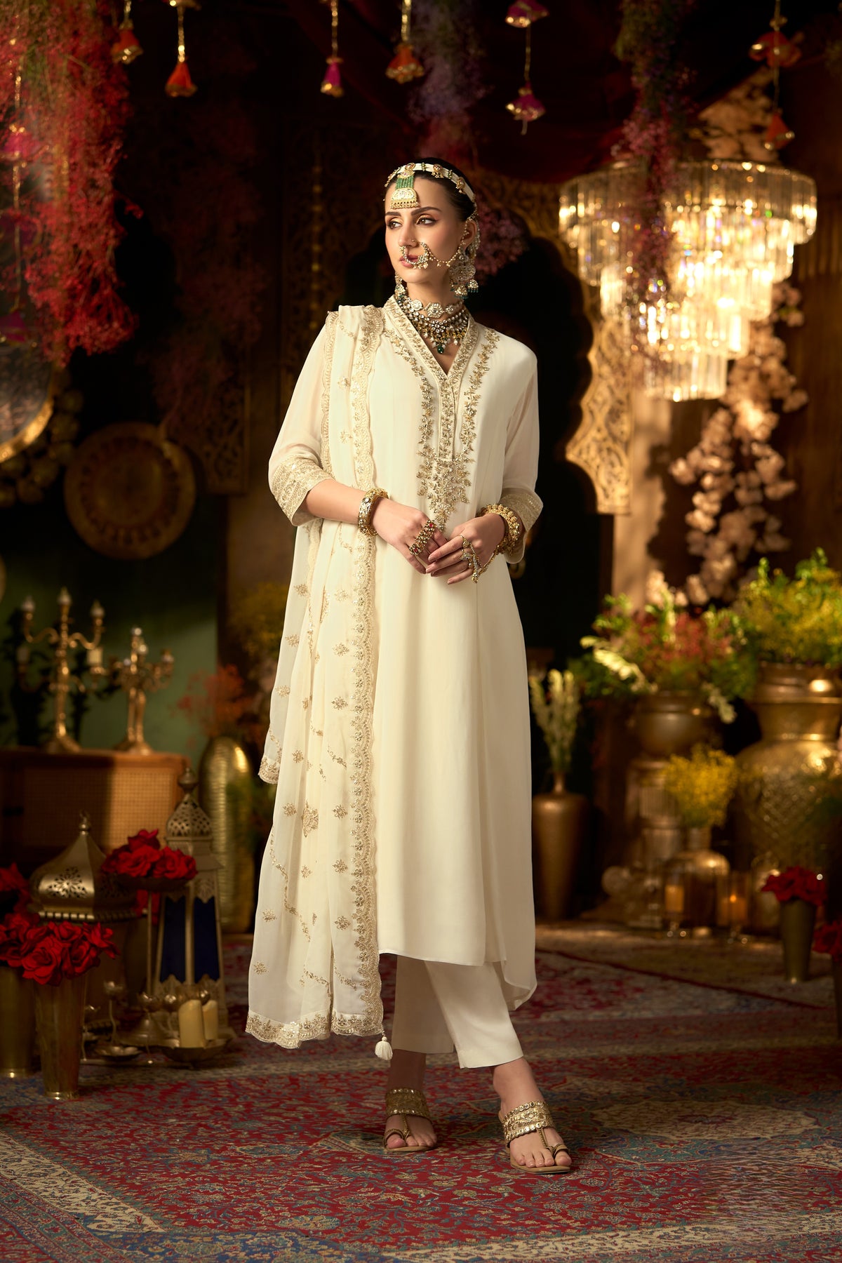 Regal Ivory Embroidered Georgette Silk Pant Set