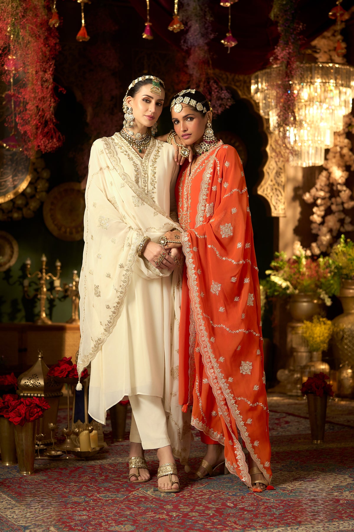Tangerine Orange Embroidered Georgette Silk Pant Set