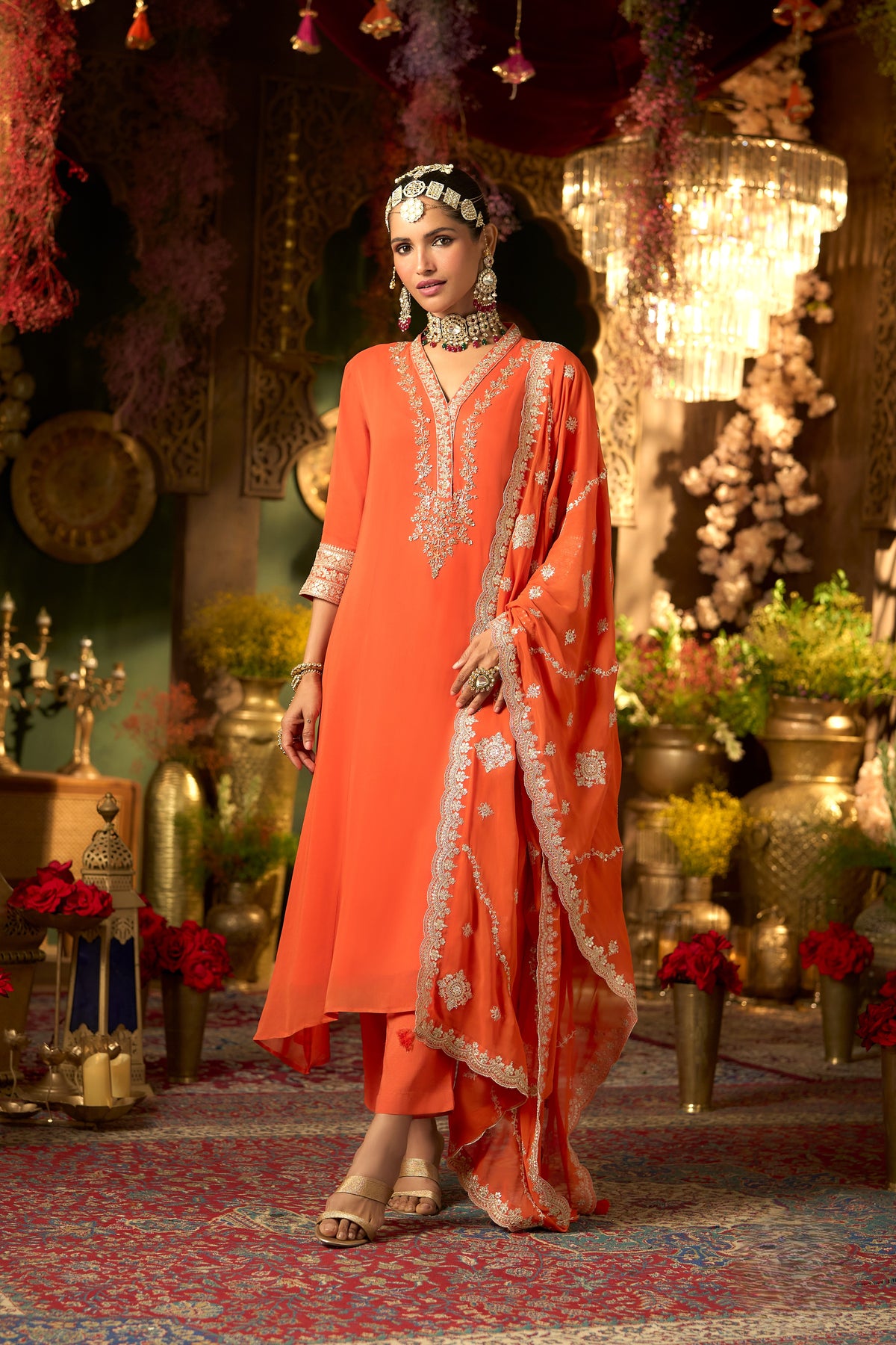Tangerine Orange Embroidered Georgette Silk Pant Set