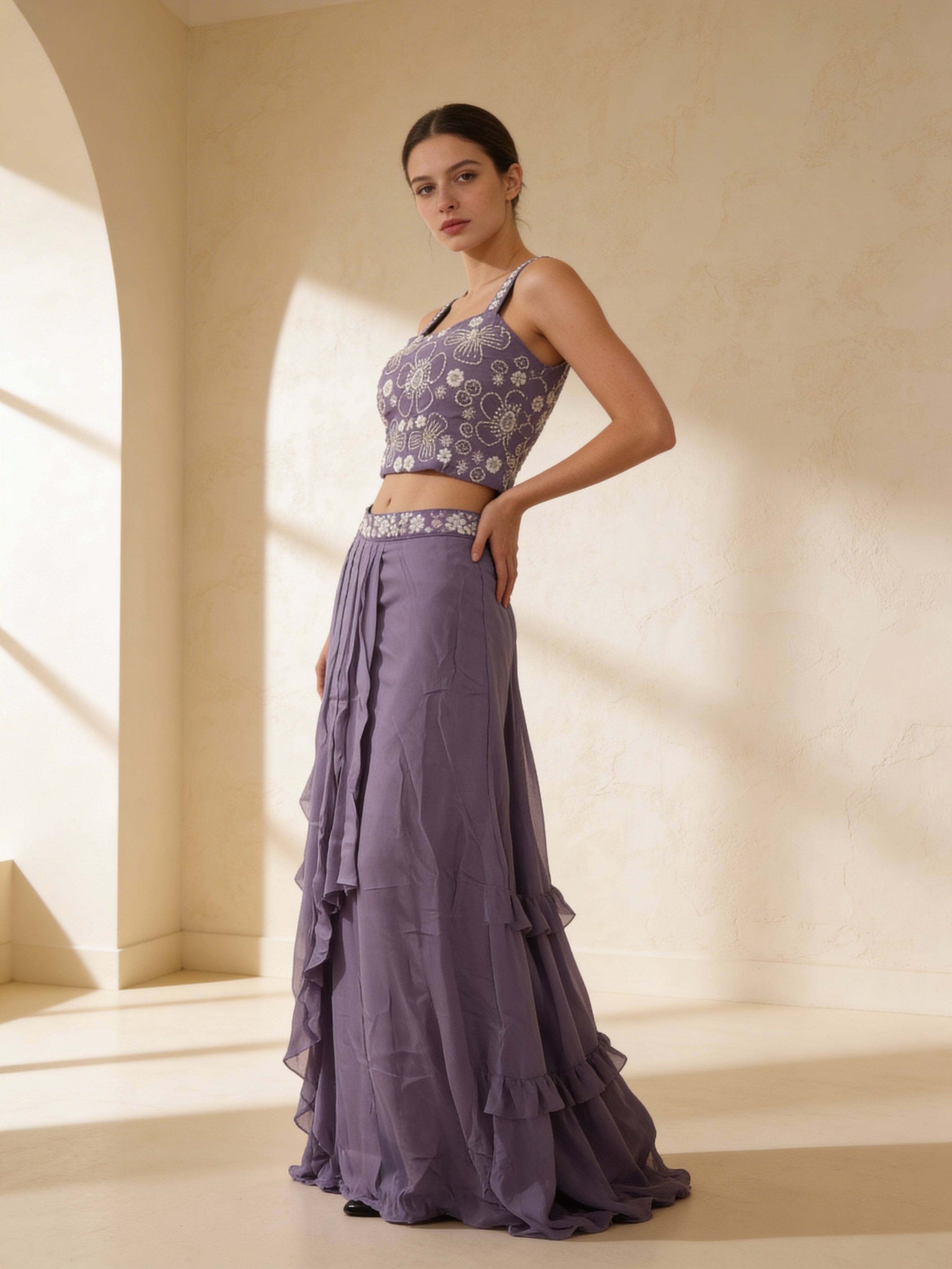 Lilac Embellished Georgette Silk Skirt Set