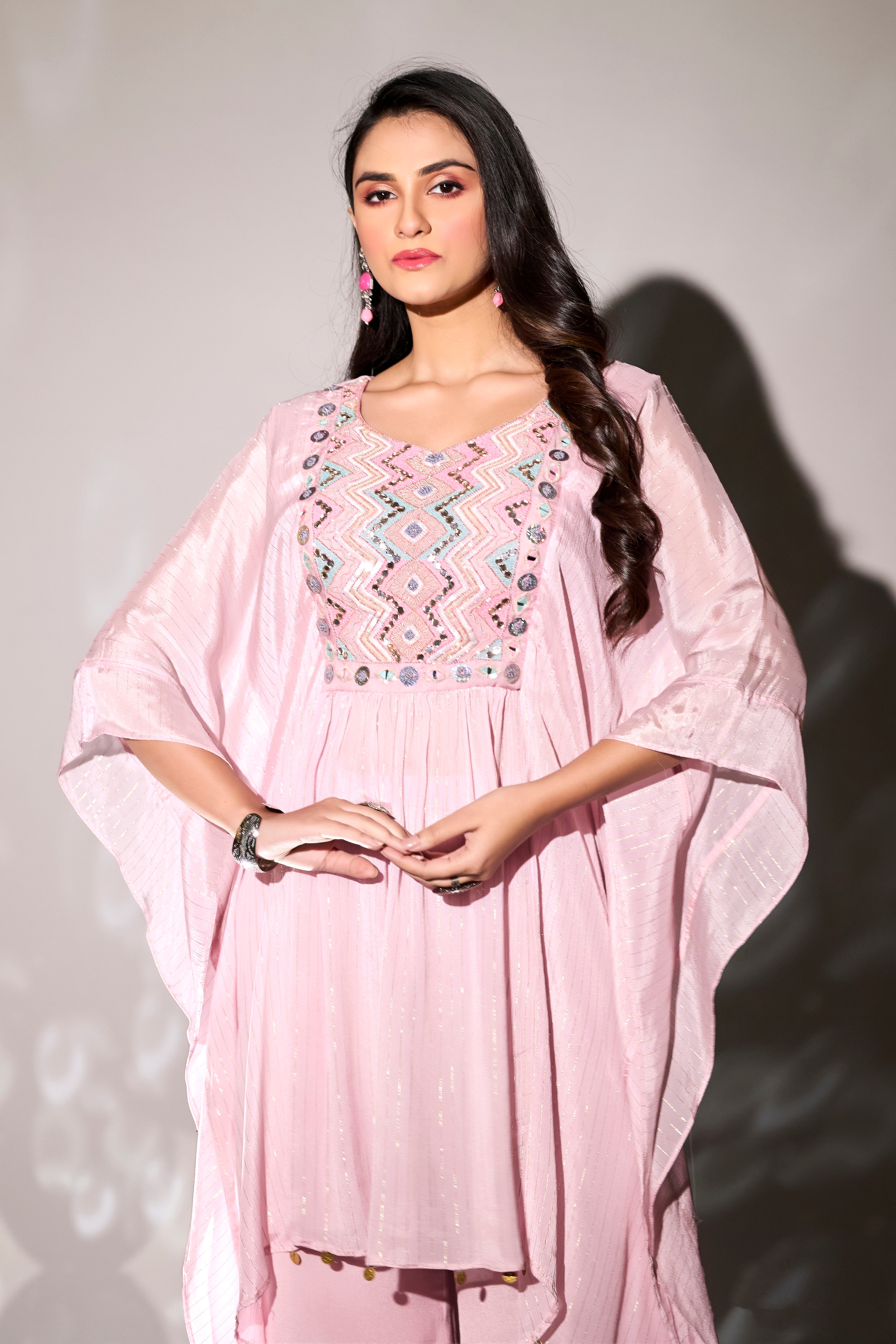 Light Pink Embroidered Premium Chinon Silk Co-Ord Set