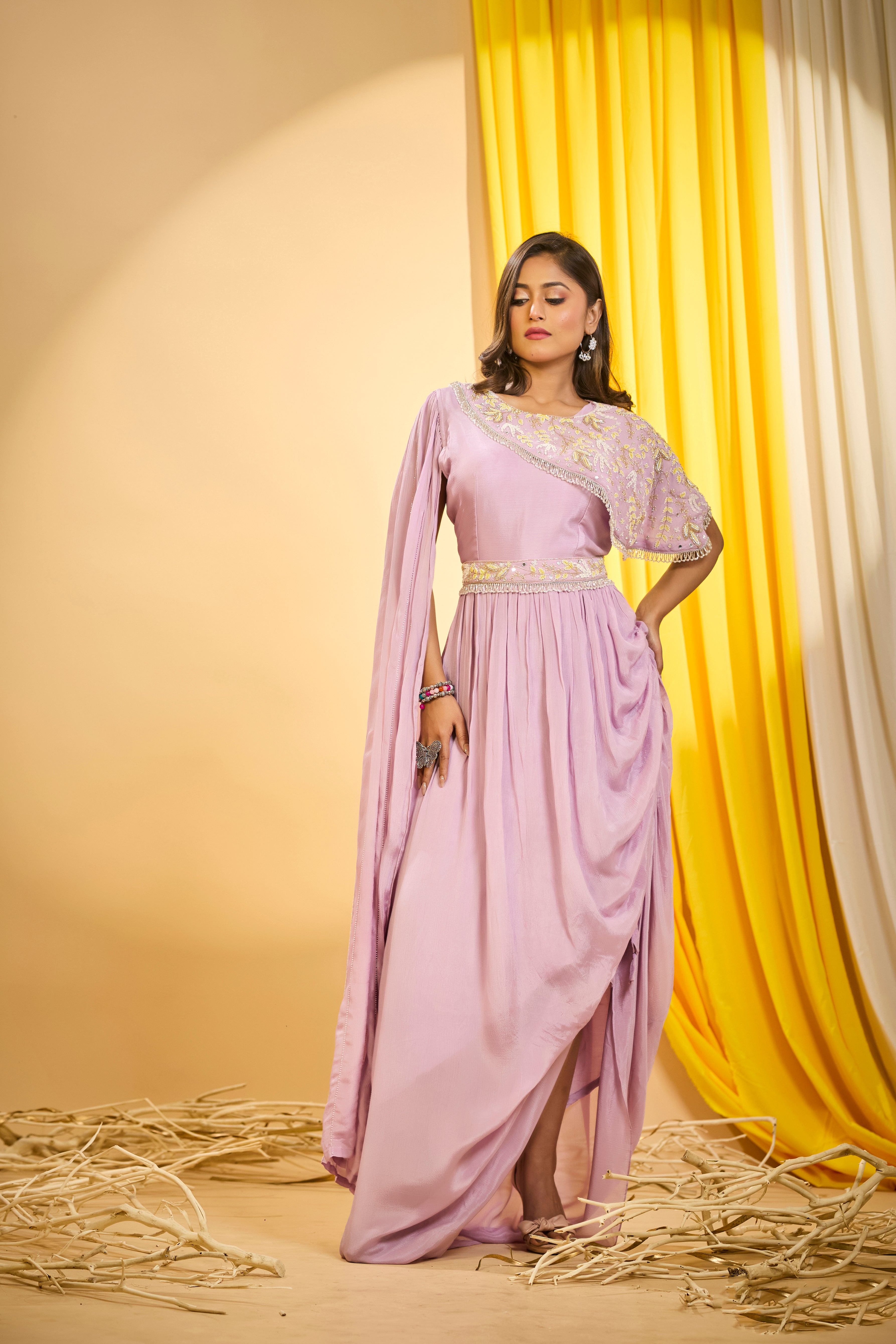 Soft Pink Embellished Chinon Silk Draped Gown