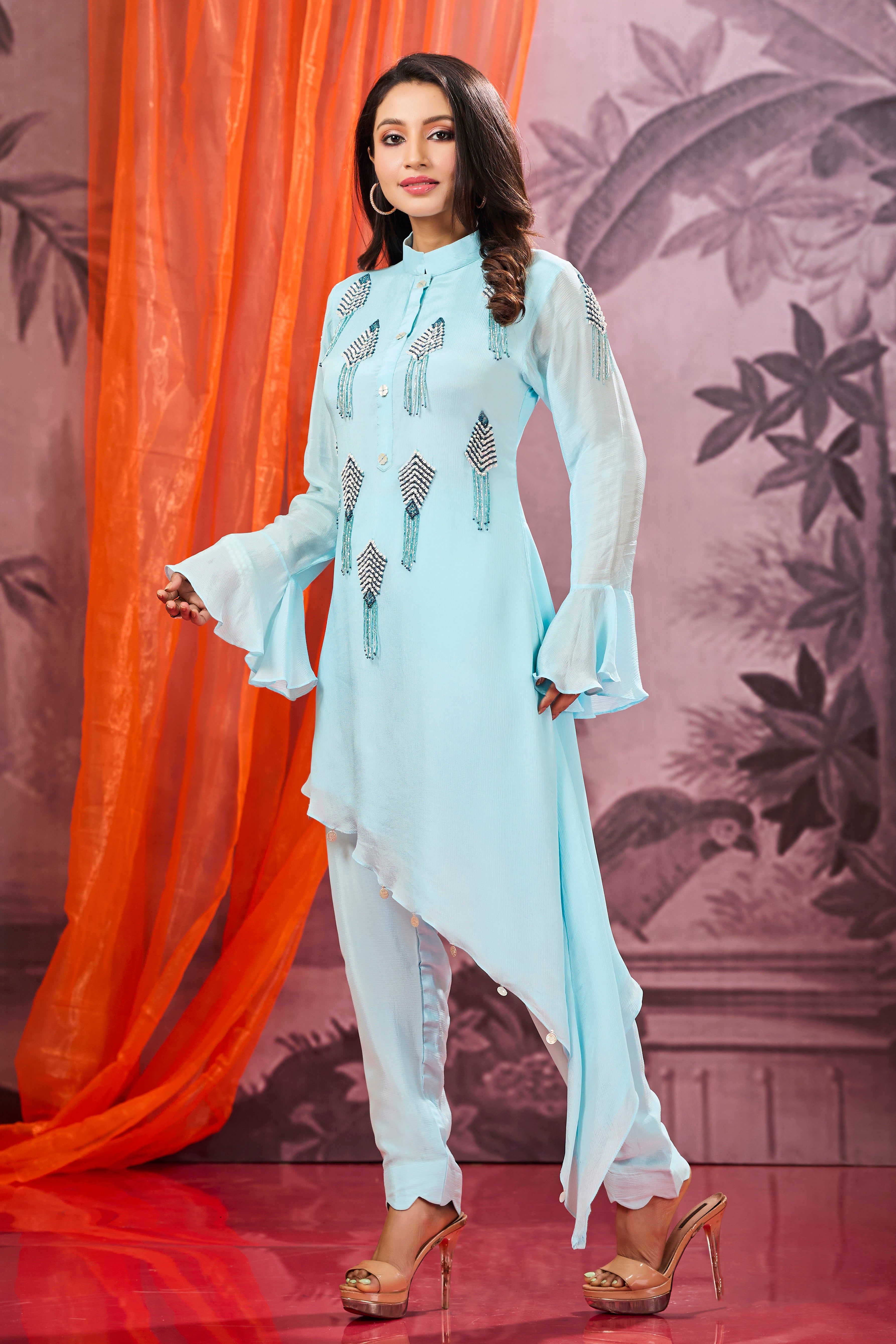 Light Blue Embroidered Chinon Silk Co-Ord Set