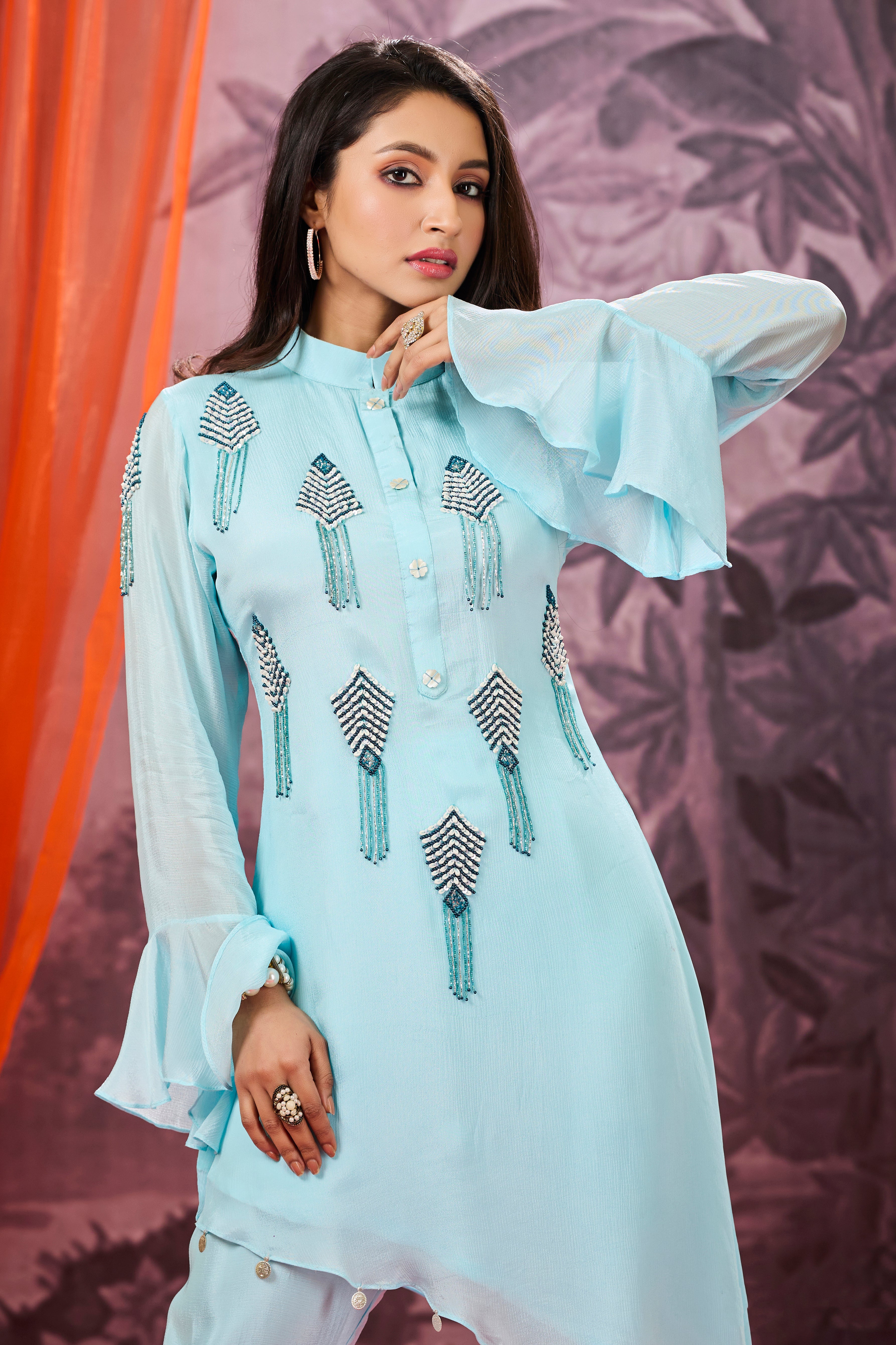 Light Blue Embroidered Chinon Silk Co-Ord Set