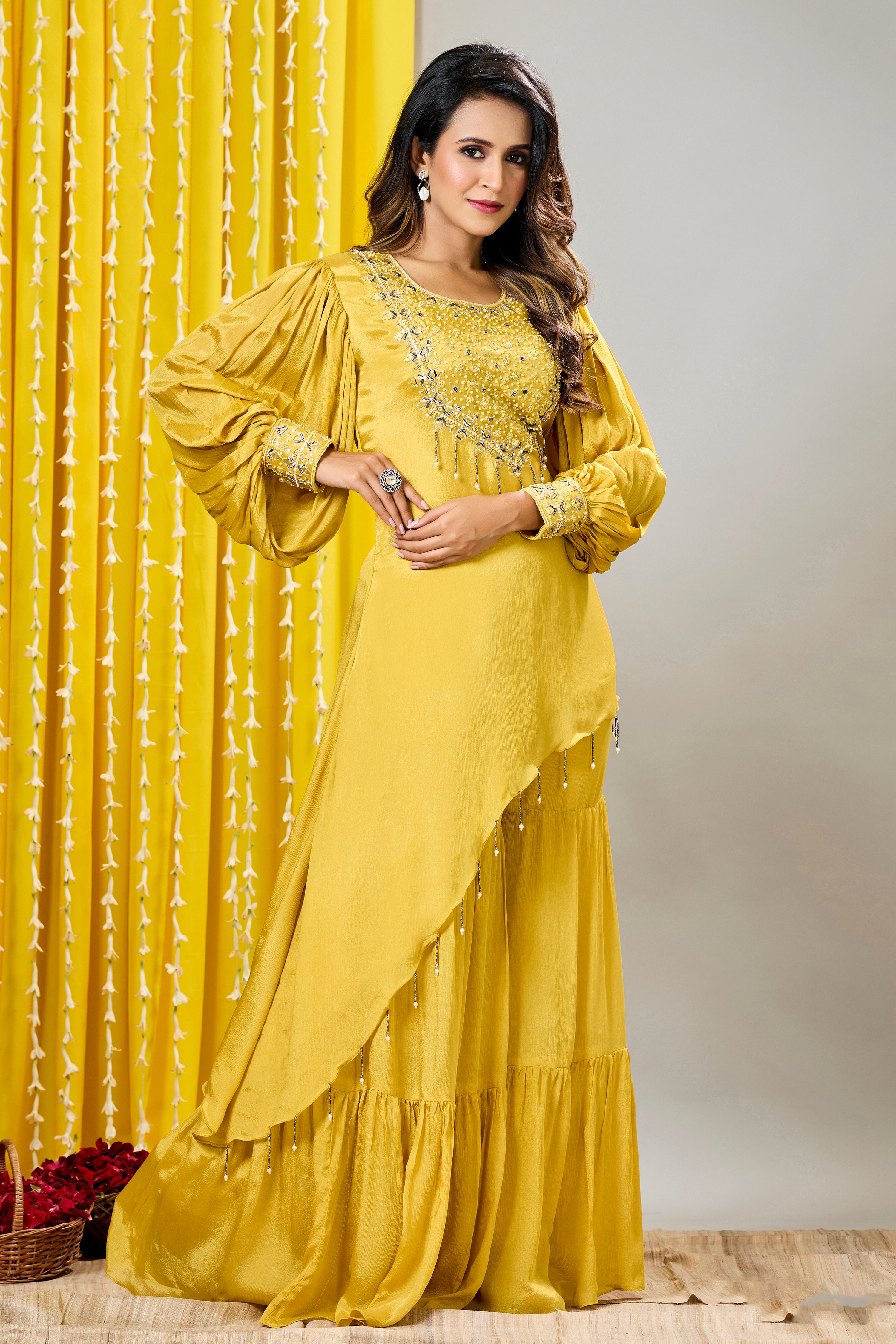 Yellow Embellished Chinon Silk Tunic & Sharara Set