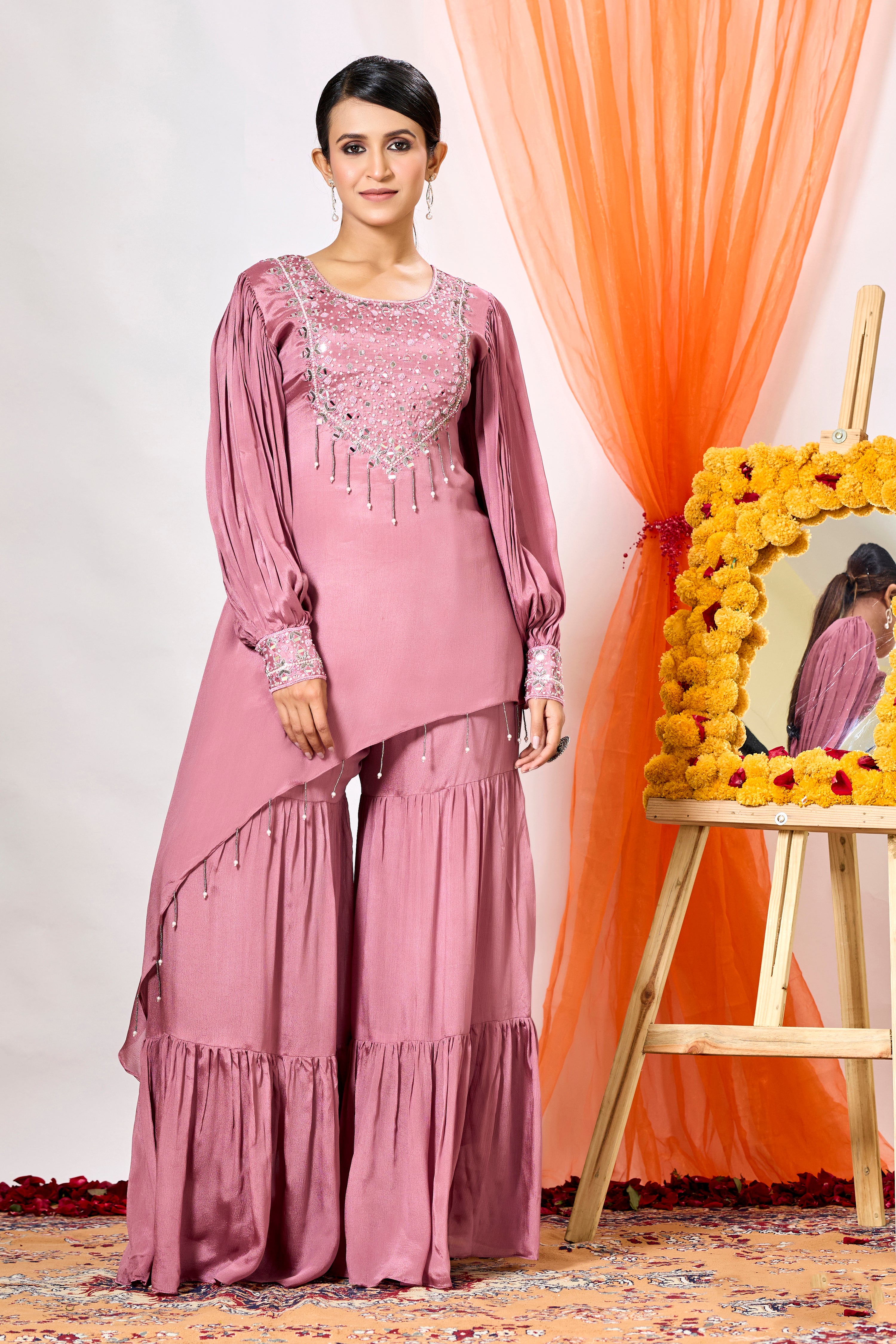 Blush Pink Embellished Chinon Silk Tunic & Sharara Set