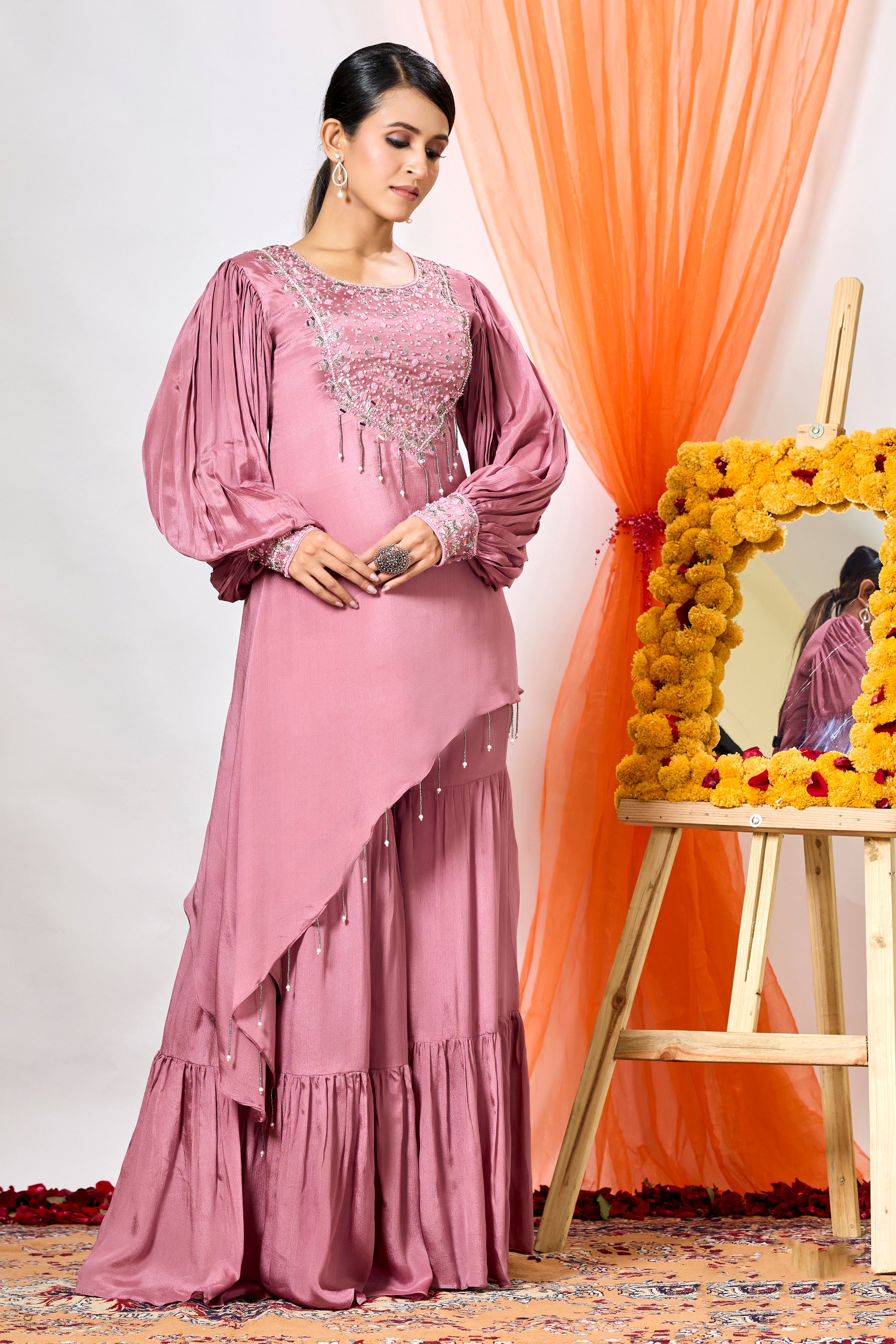 Blush Pink Embellished Chinon Silk Tunic & Sharara Set