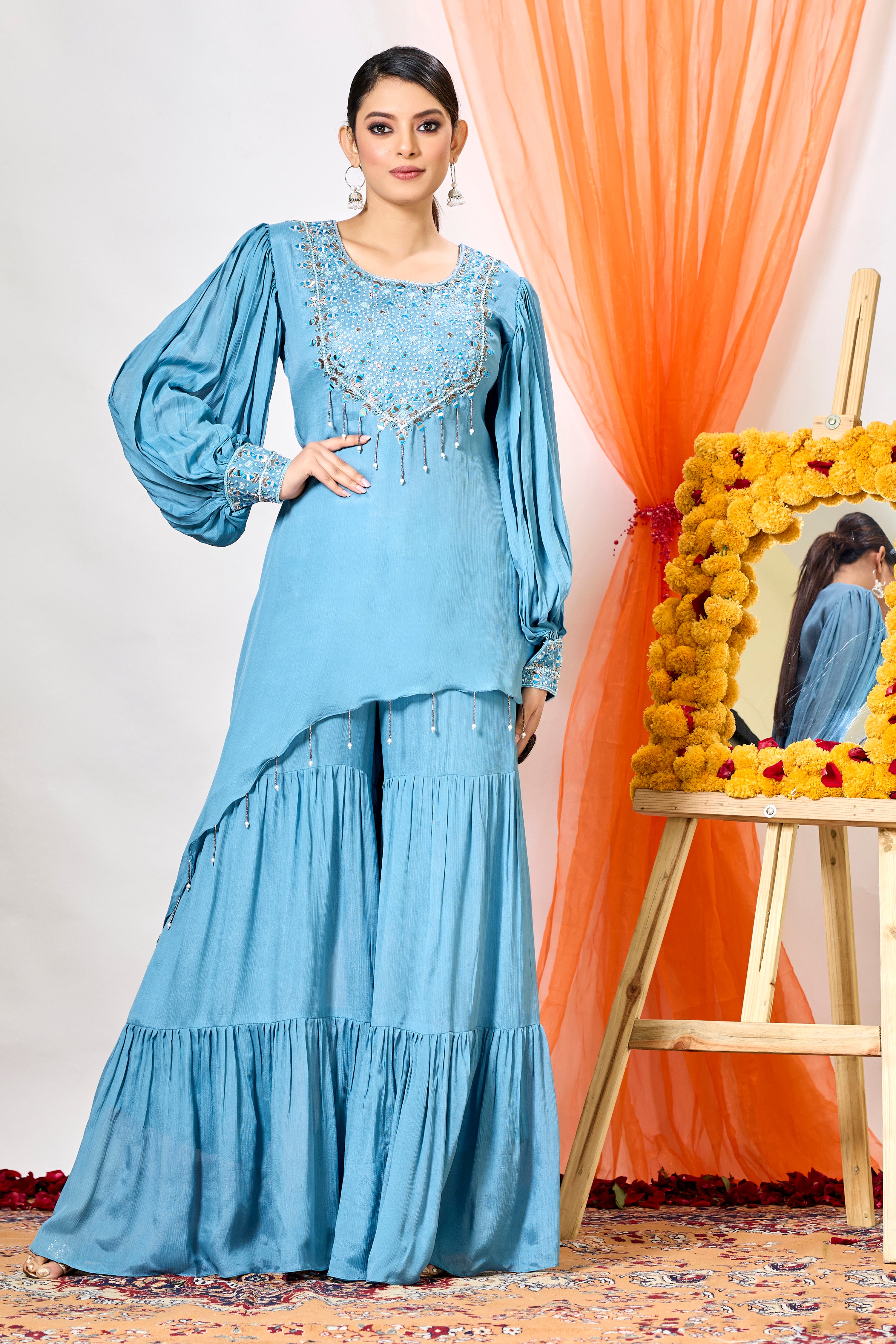 Sapphire Blue Embellished Chinon Silk Tunic & Sharara Set
