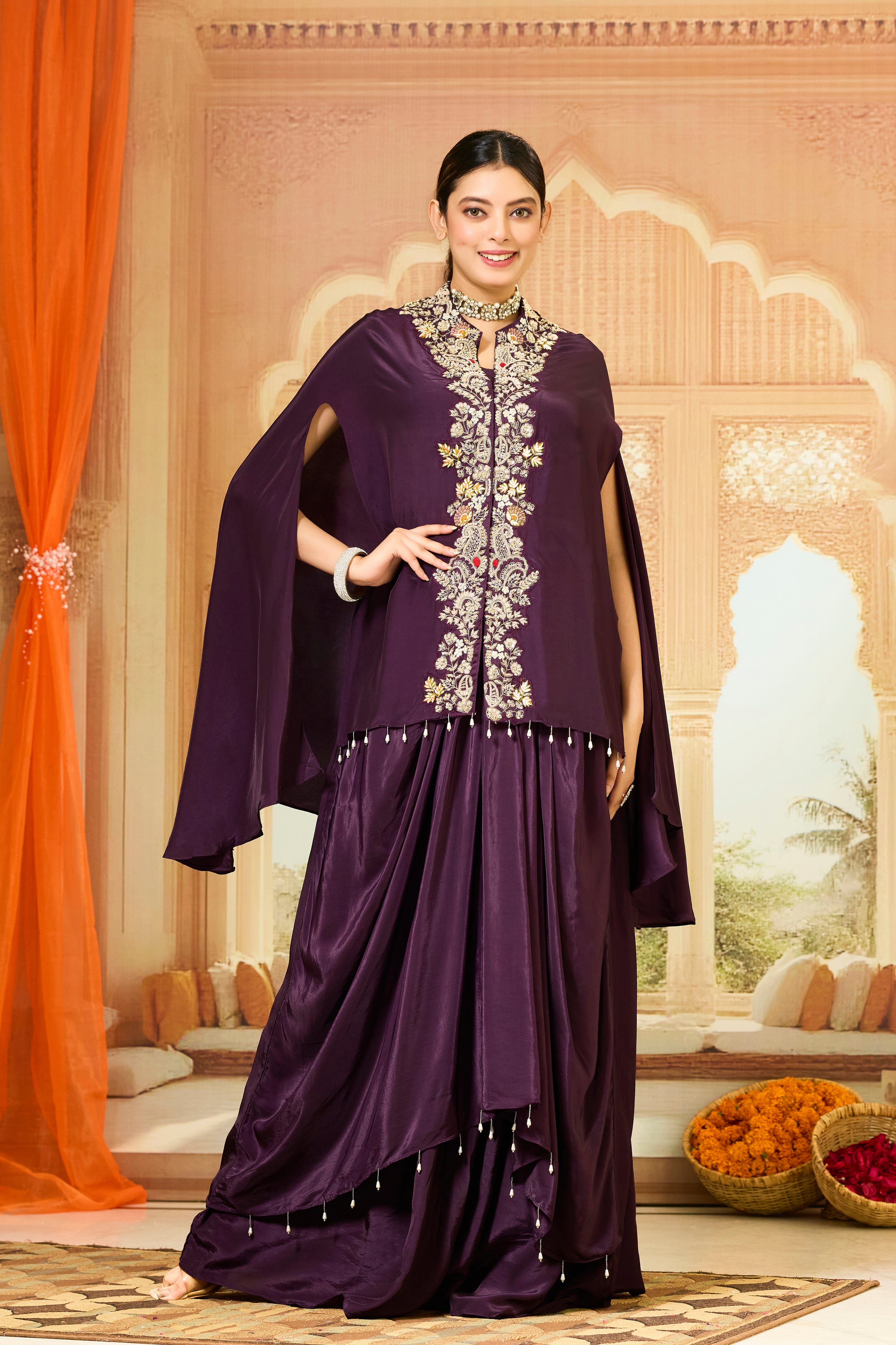 Burgundy Embroidered Crepe Silk Skirt Set