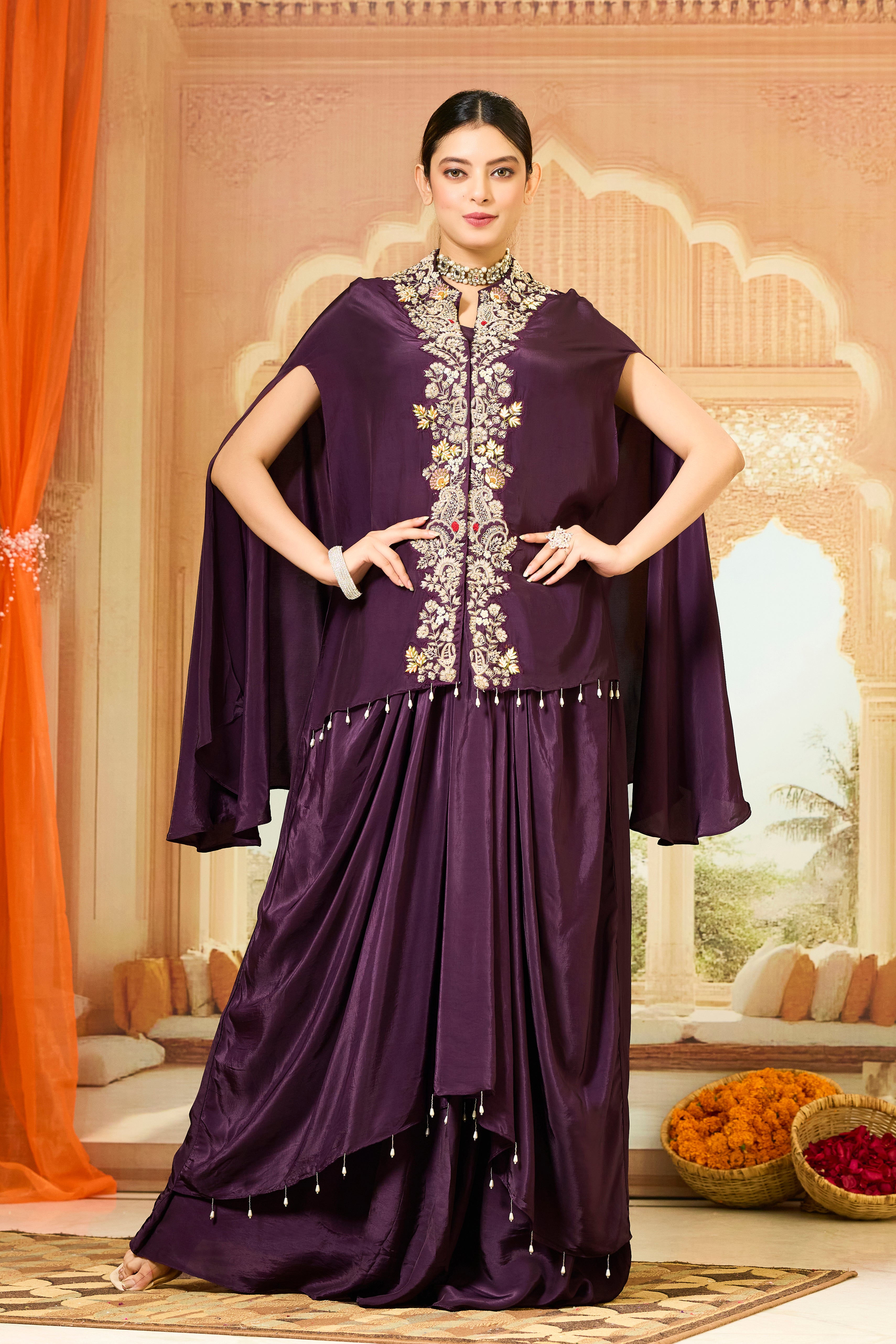 Burgundy Embroidered Crepe Silk Skirt Set