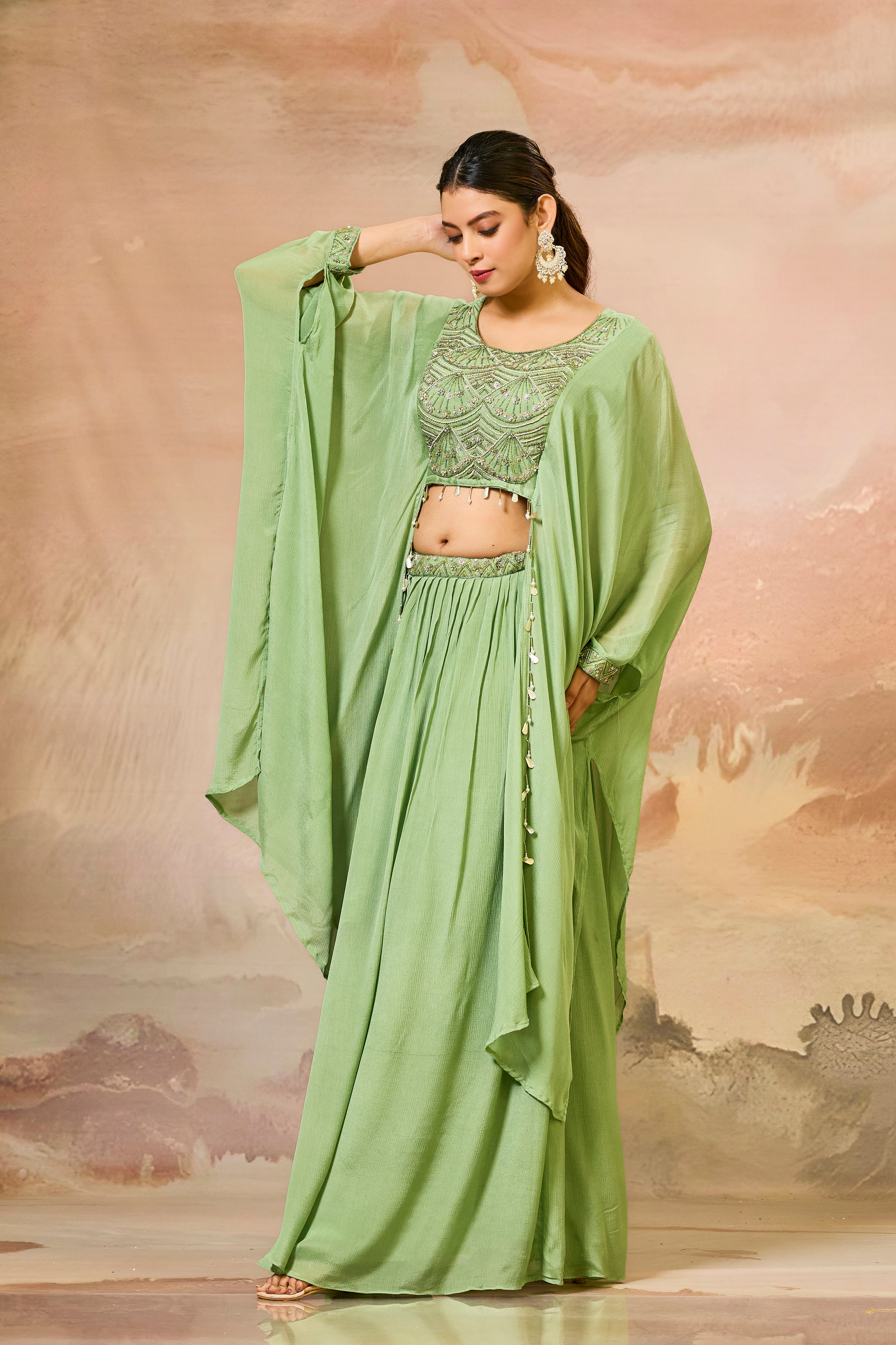 Pastel Green Embroidered Chinon Silk Skirt Set