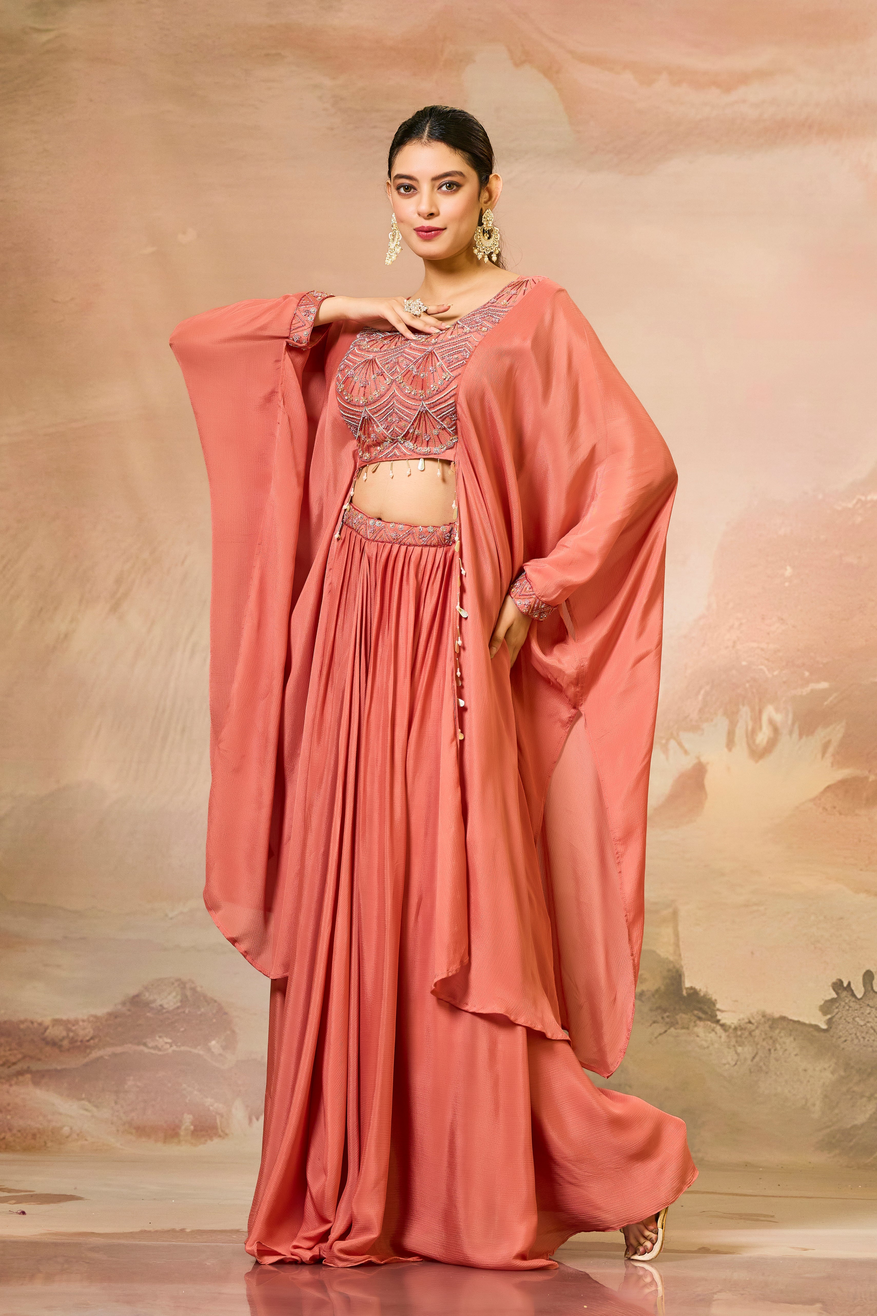 Pastel Orange Embroidered Chinon Silk Skirt Set