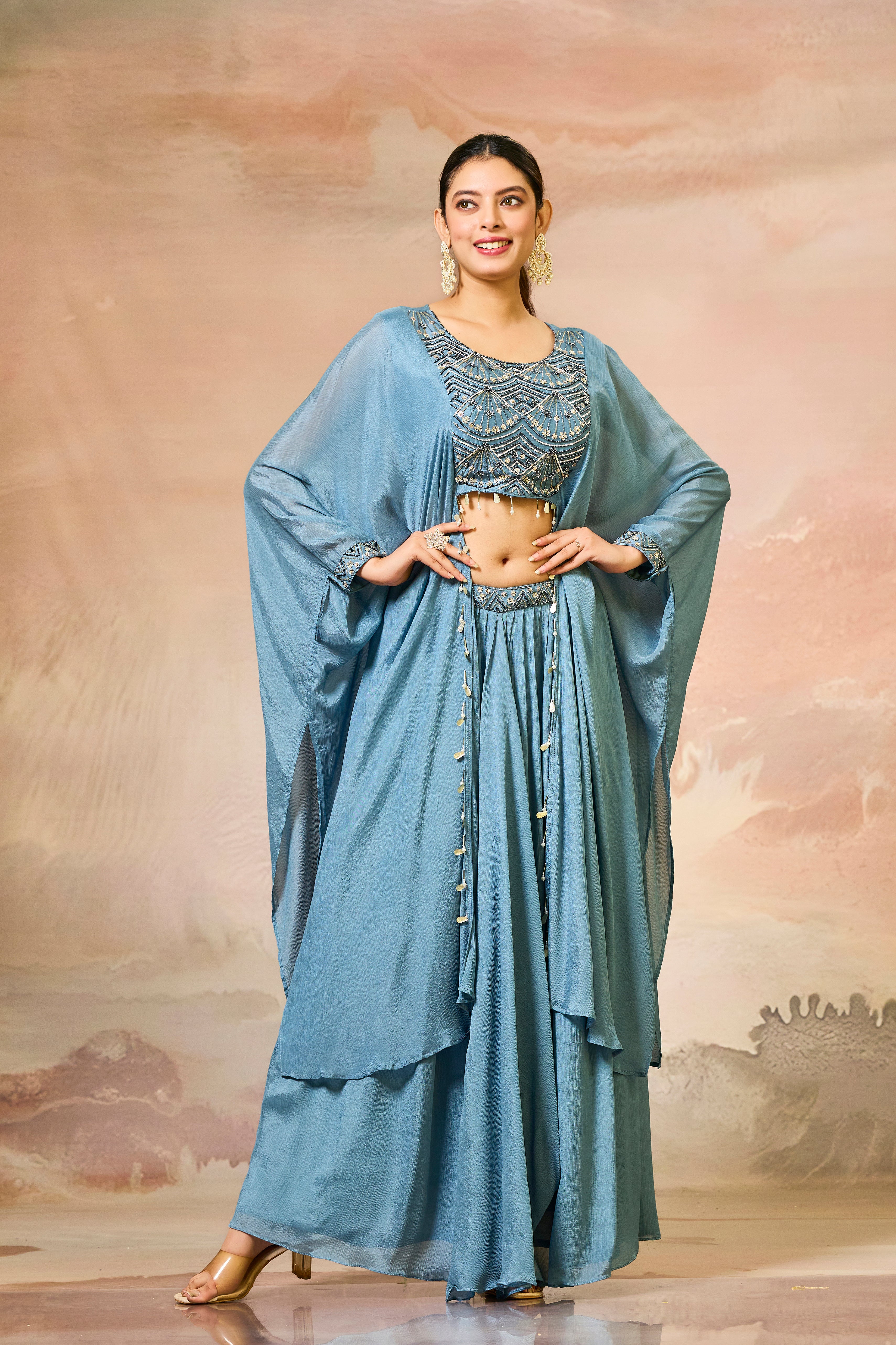Pastel Blue Embroidered Chinon Silk Skirt Set