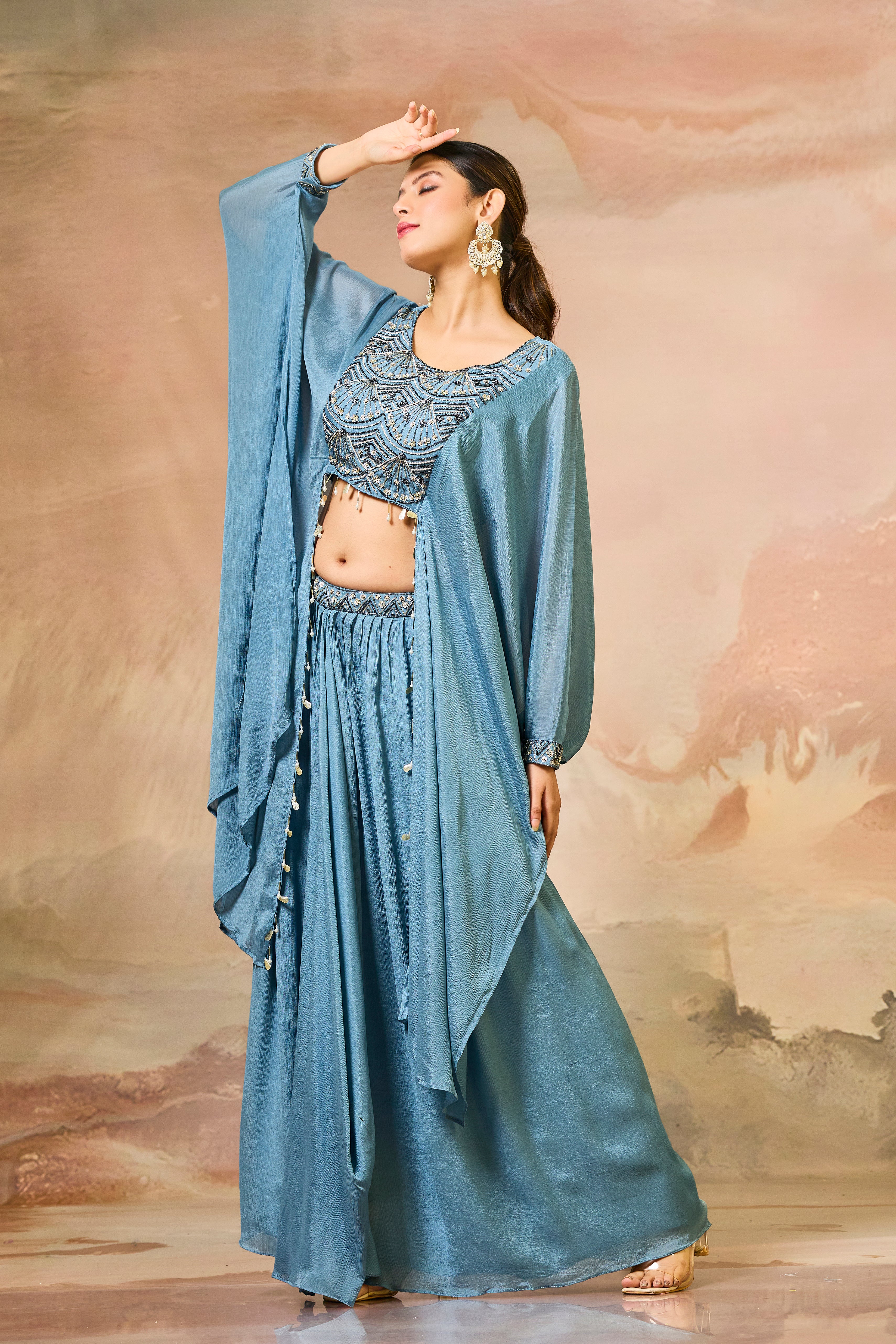 Pastel Blue Embroidered Chinon Silk Skirt Set