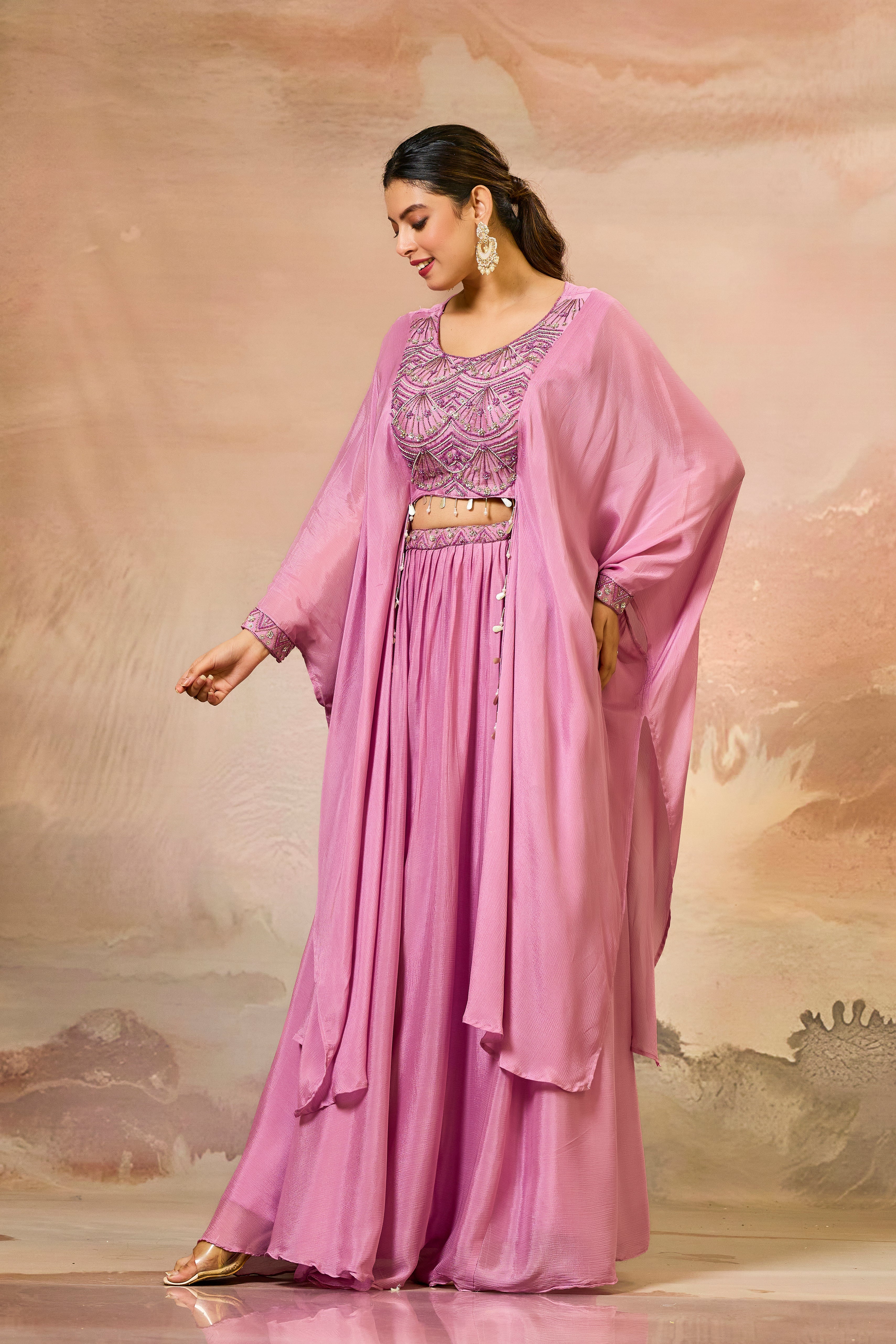 Pastel Pink Embroidered Chinon Silk Skirt Set
