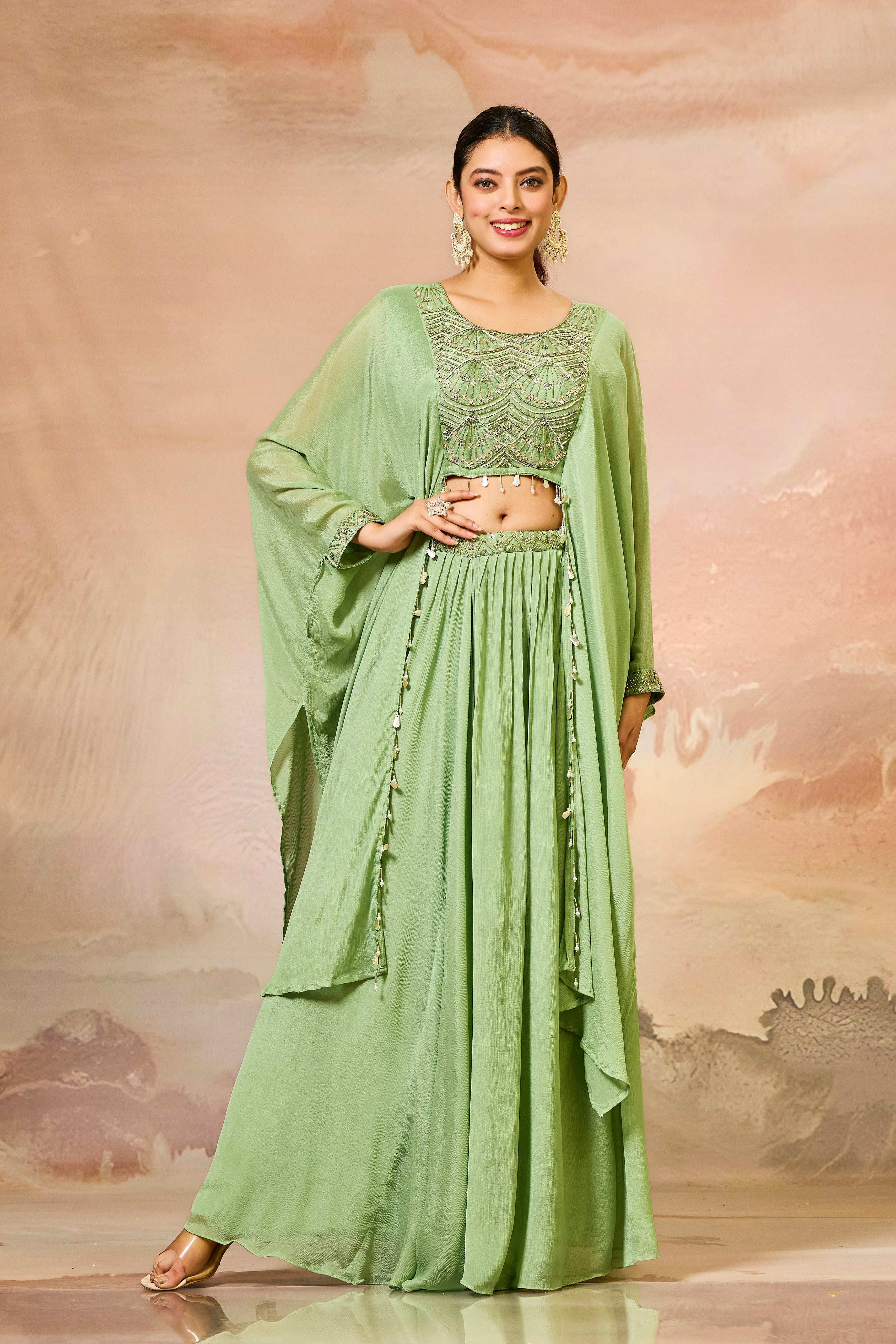 Pastel Green Embroidered Chinon Silk Skirt Set