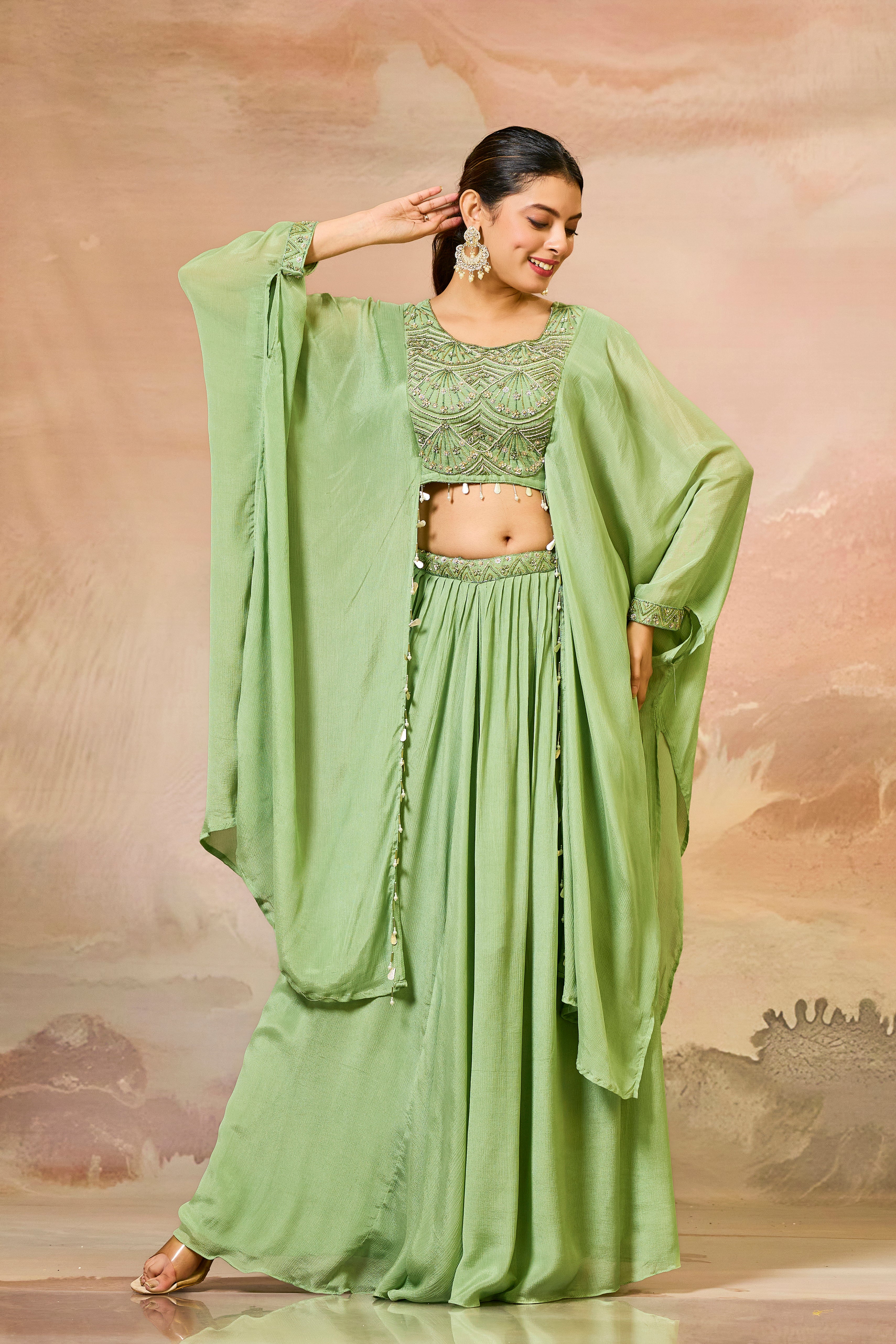 Pastel Green Embroidered Chinon Silk Skirt Set