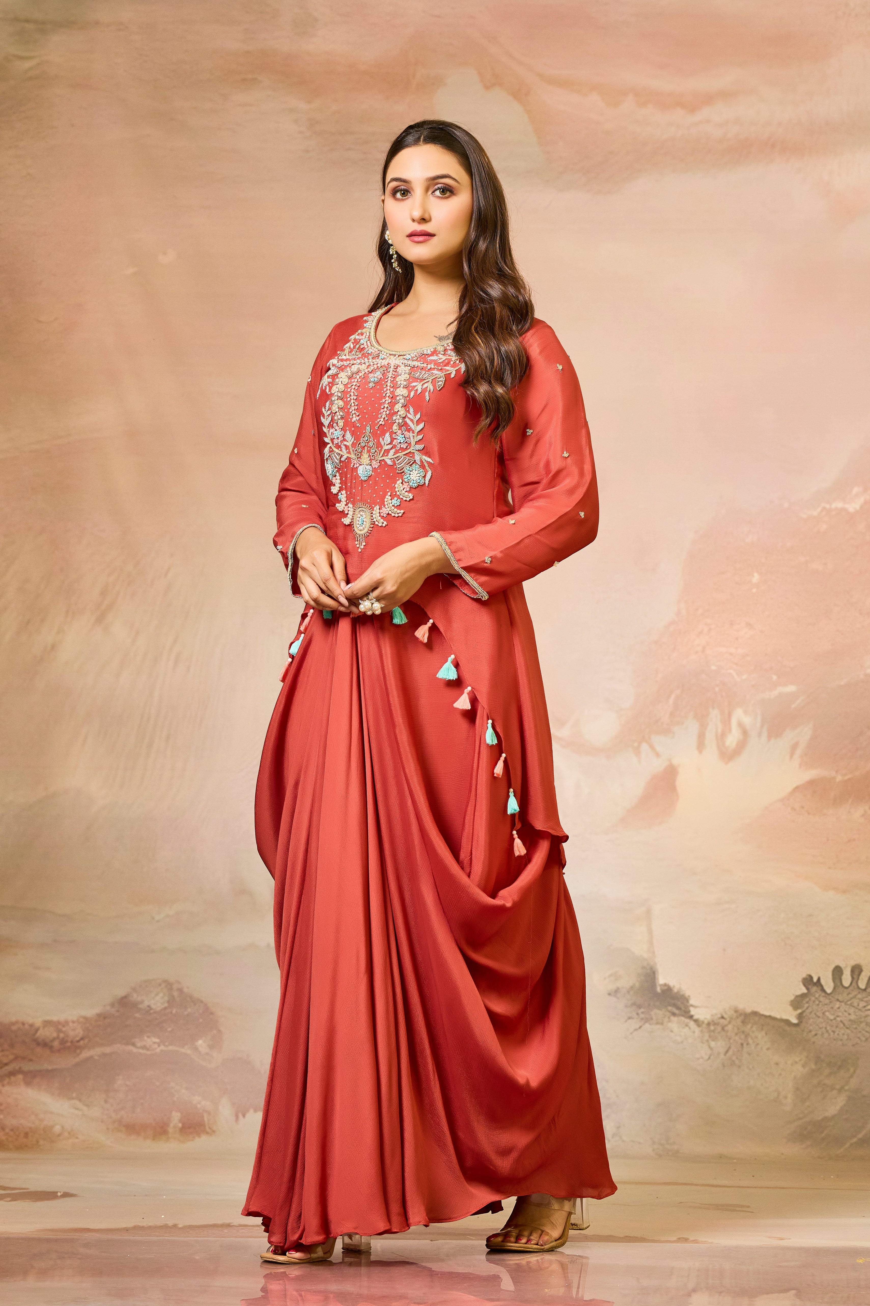 Rustic Red Embroidered Chinon Silk Skirt Set