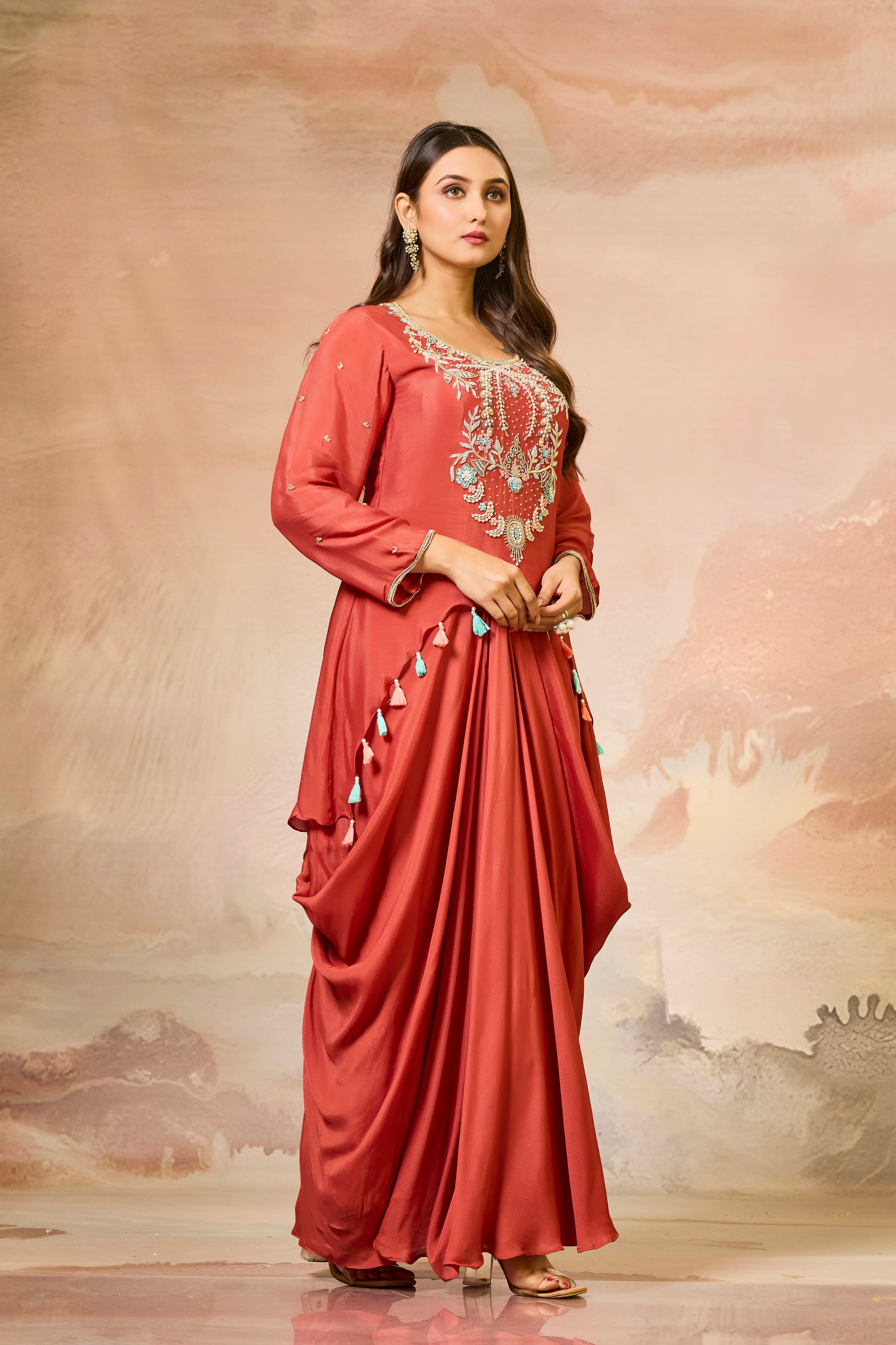 Rustic Red Embroidered Chinon Silk Skirt Set