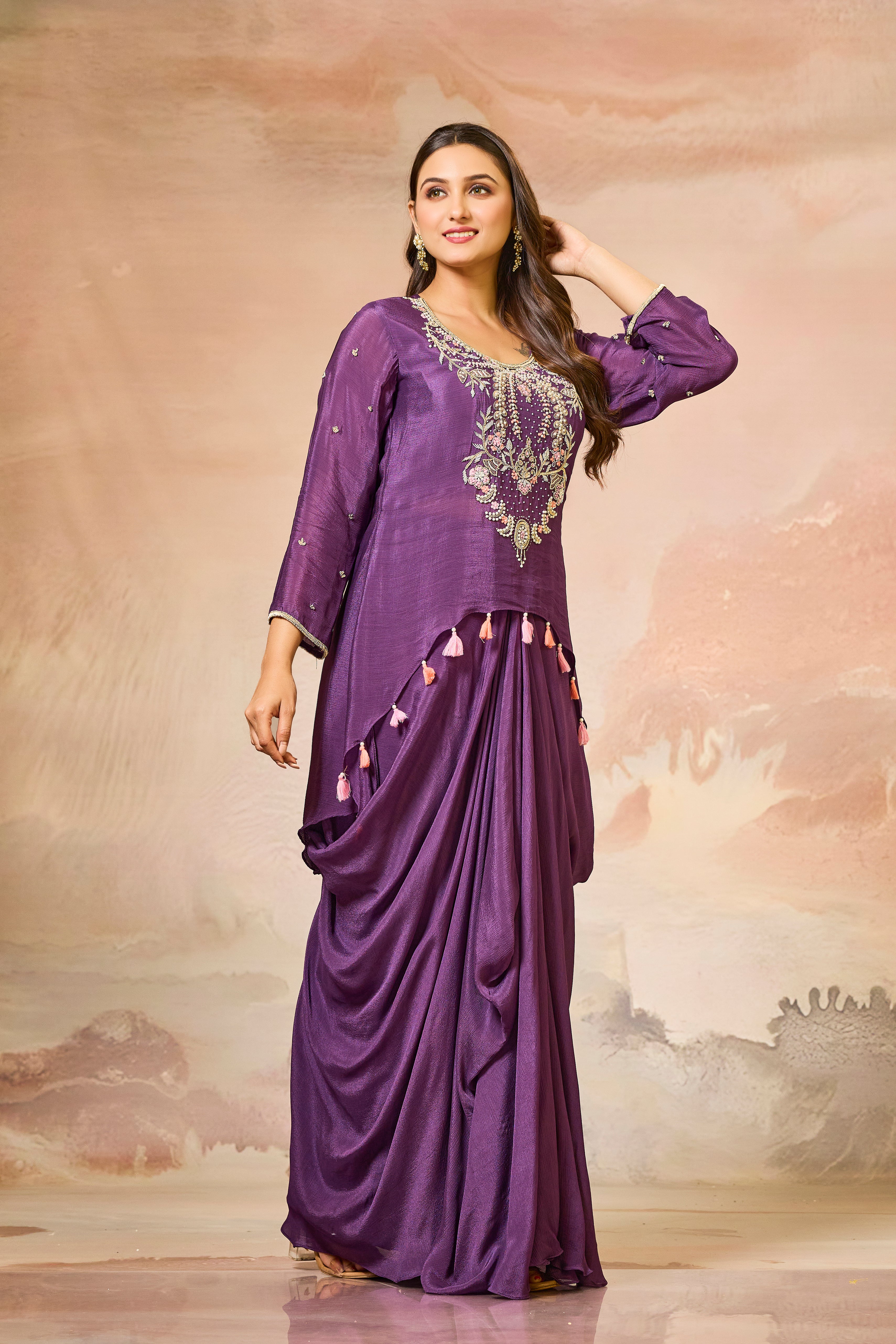 Magenta Embroidered Chinon Silk Skirt Set