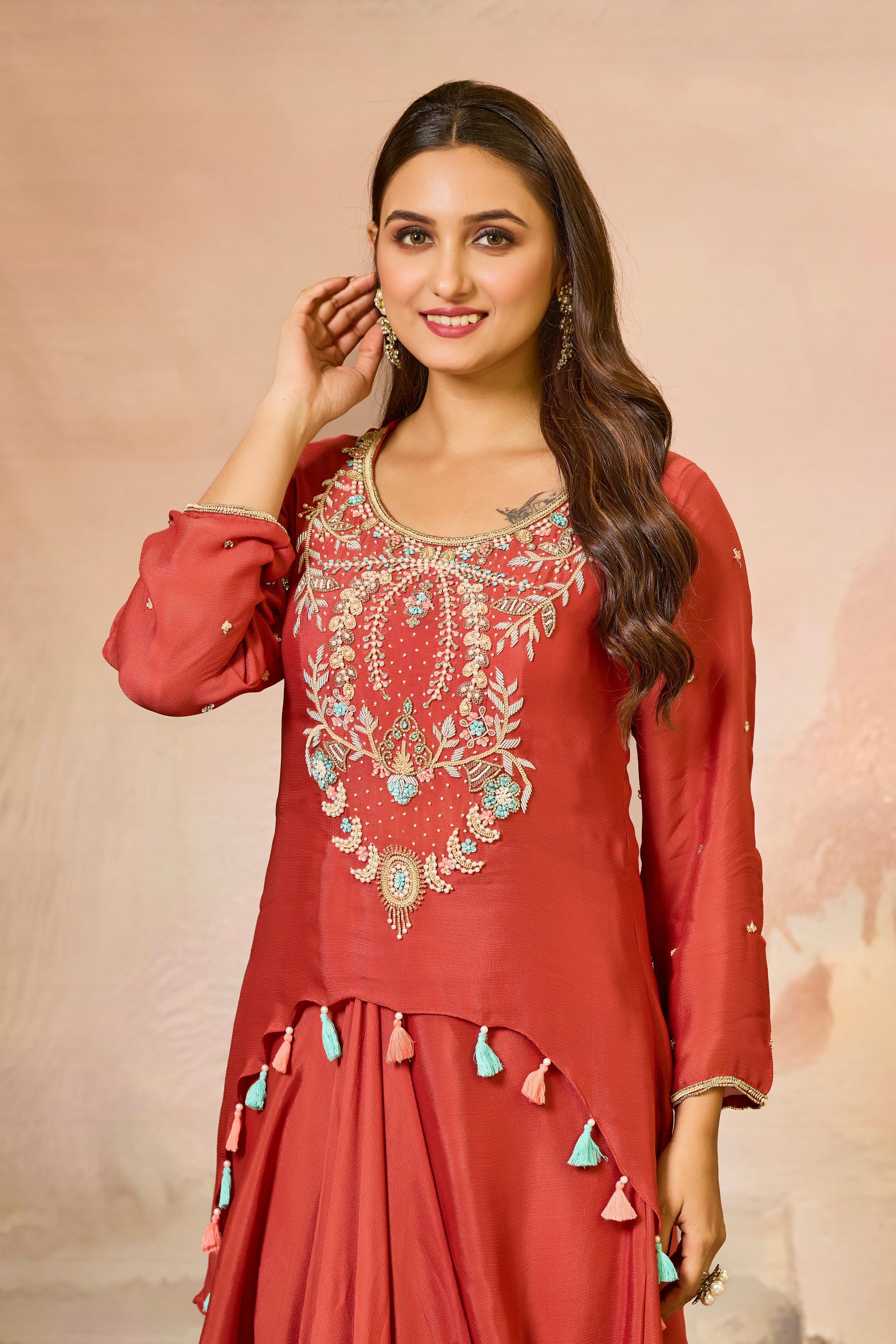 Rustic Red Embroidered Chinon Silk Skirt Set