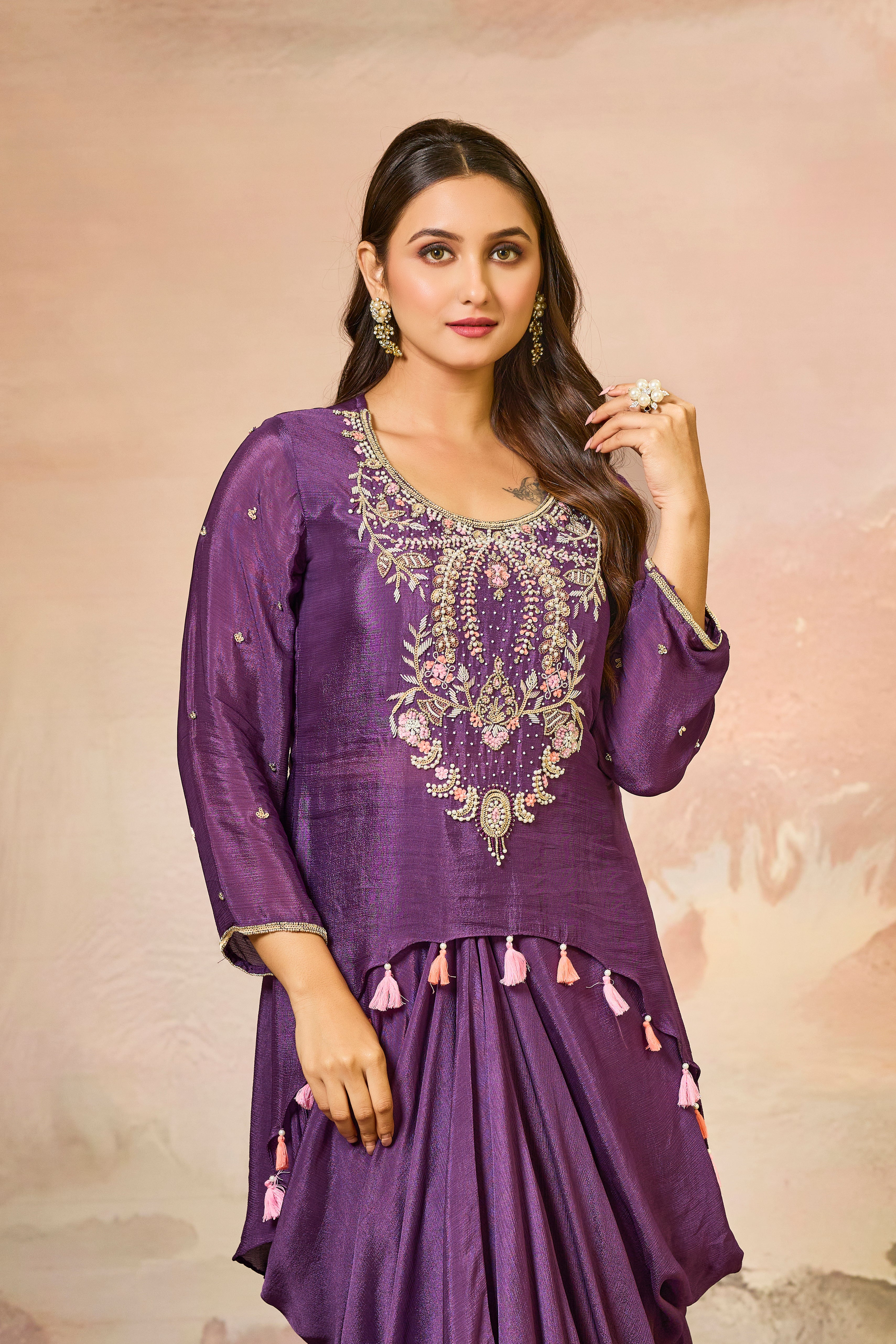 Magenta Embroidered Chinon Silk Skirt Set