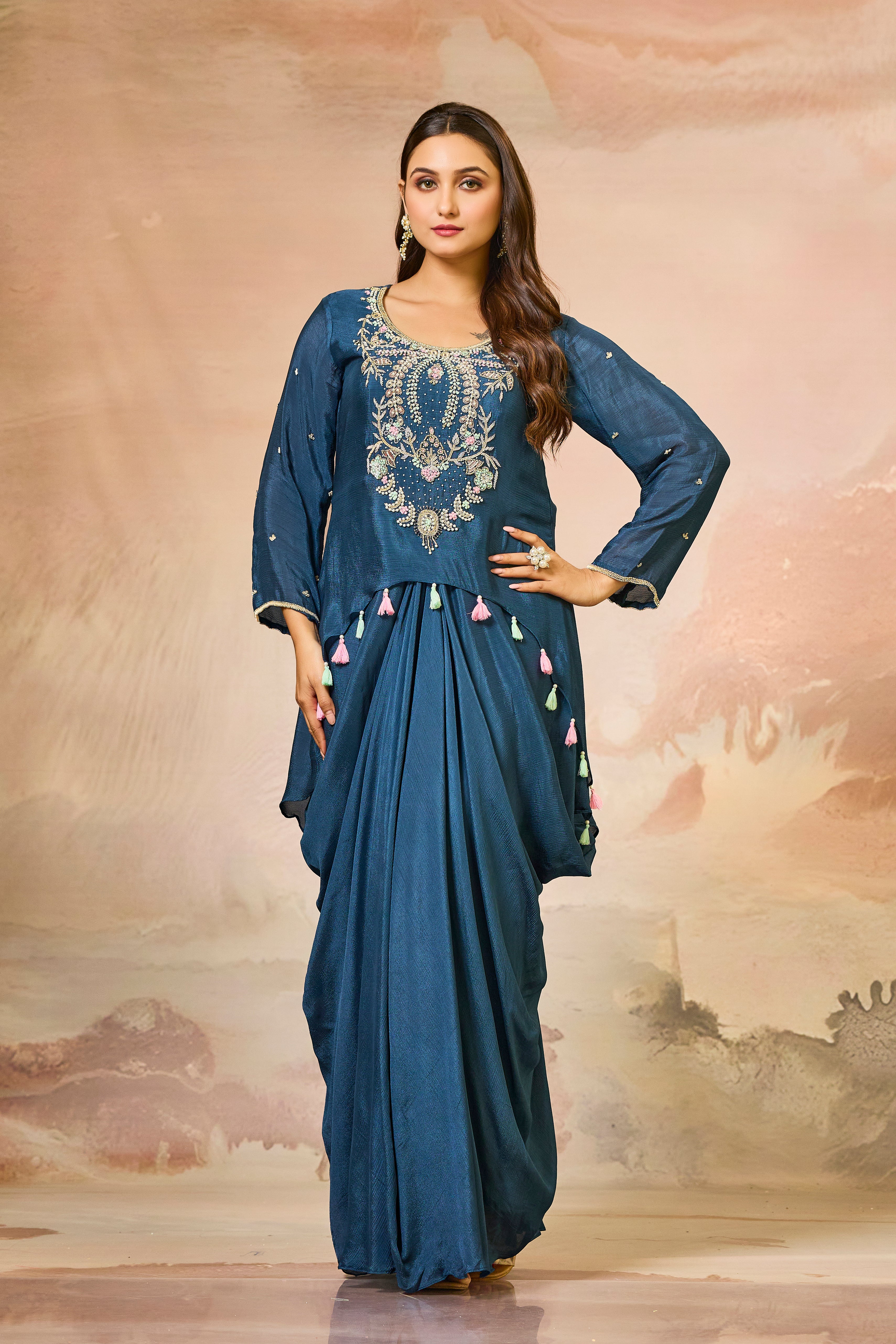 Blue Embroidered Chinon Silk Skirt Set