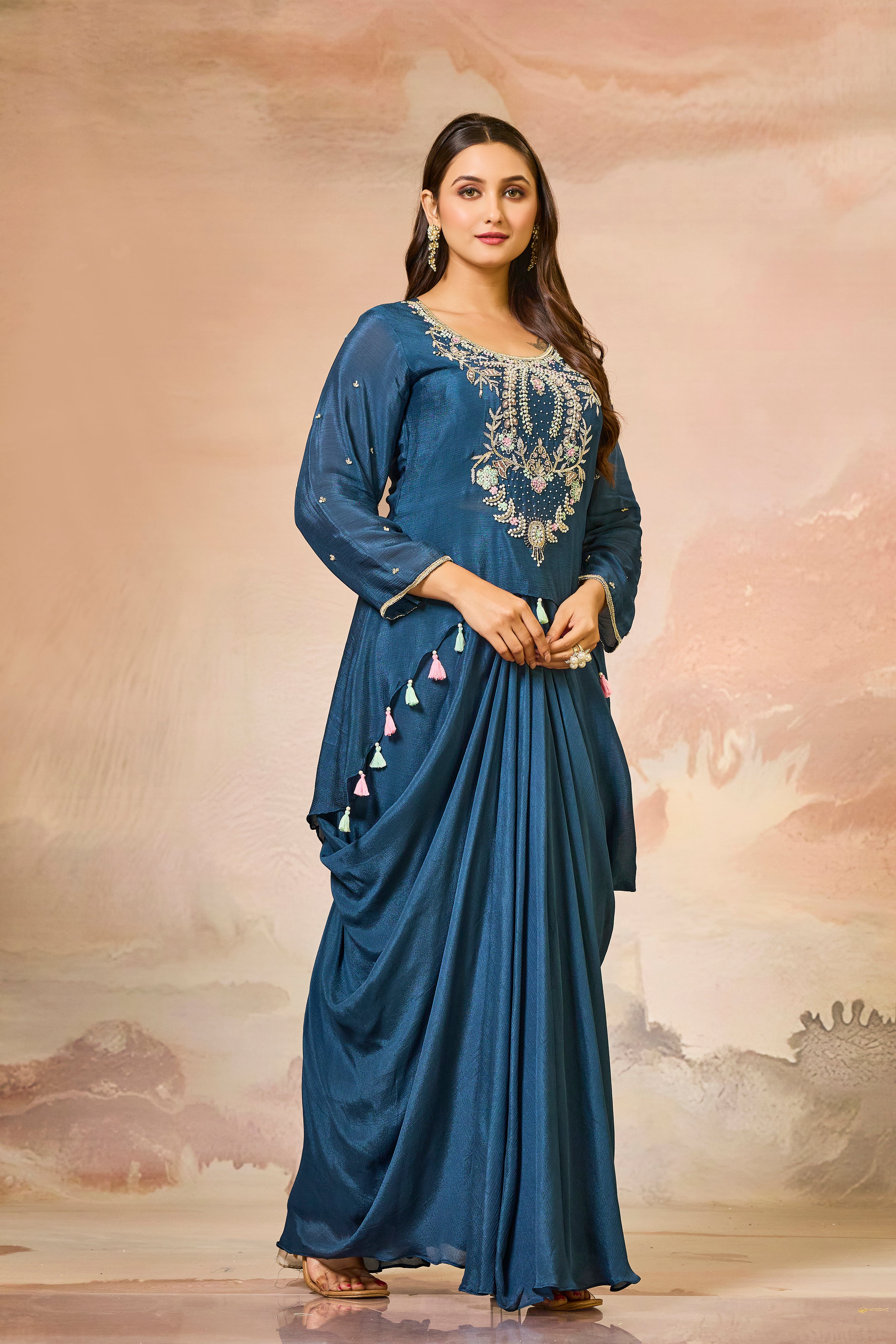 Blue Embroidered Chinon Silk Skirt Set