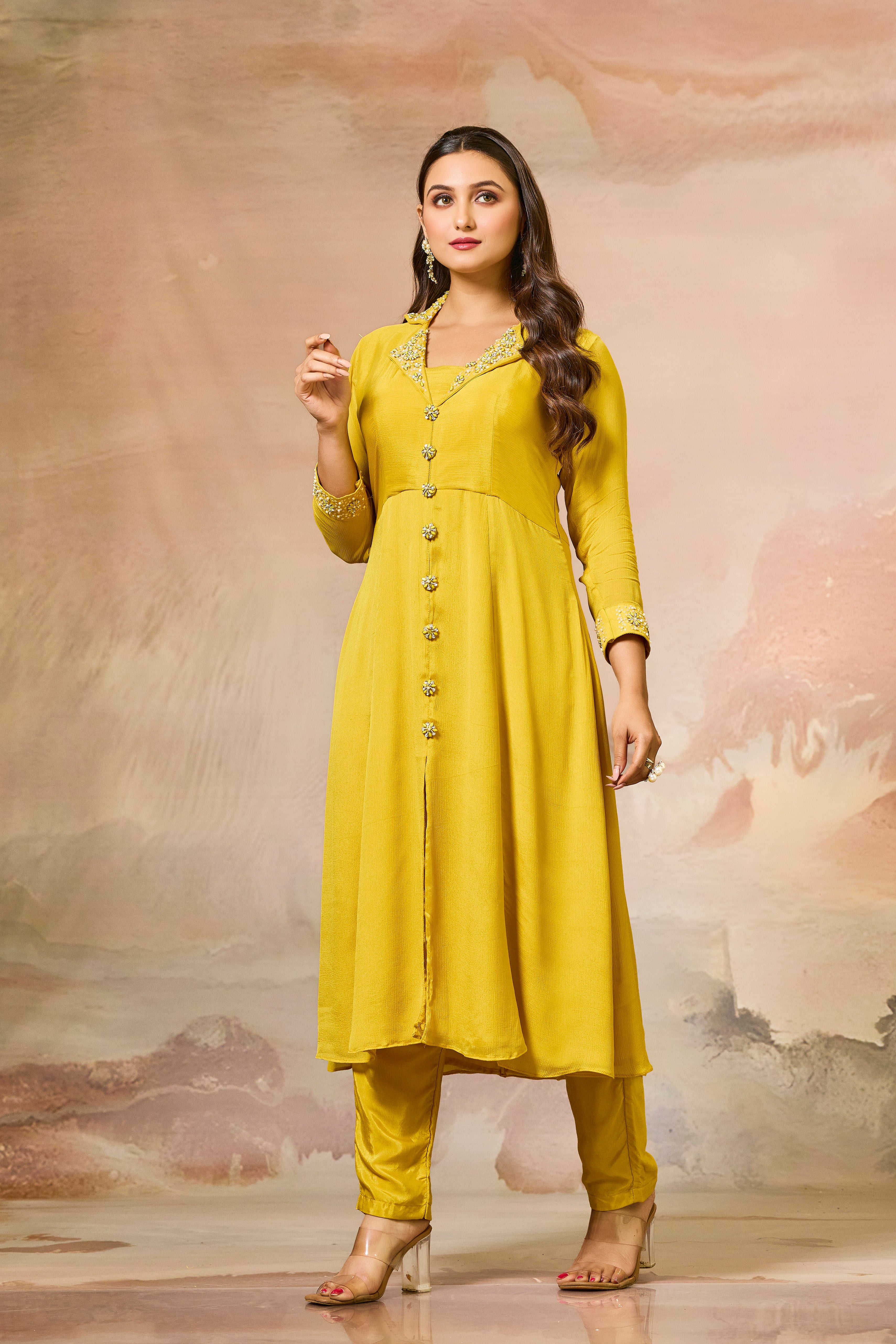 Yellow Embellished Chinon Silk Kurta Set