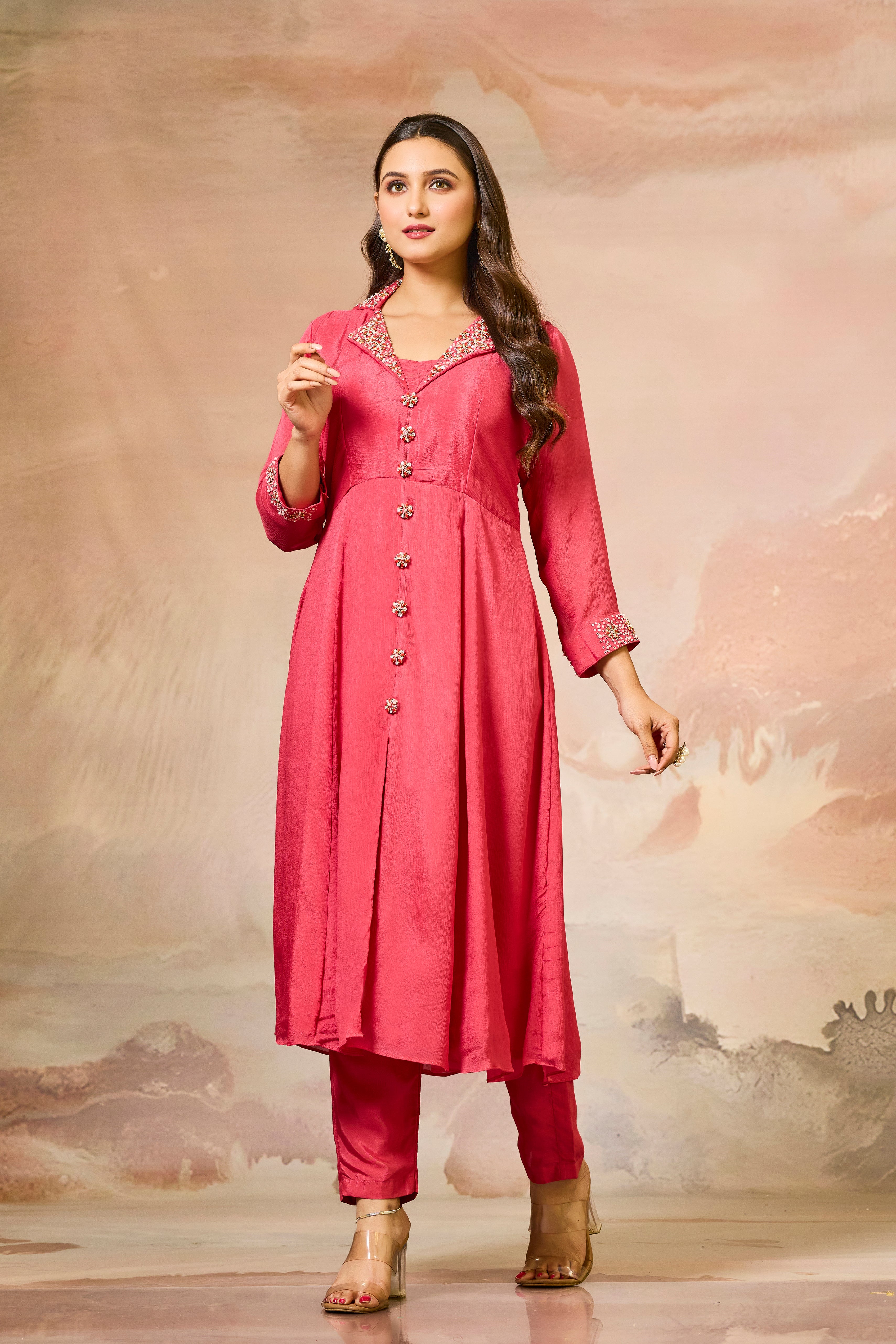 Red Embellished Chinon Silk Kurta Set