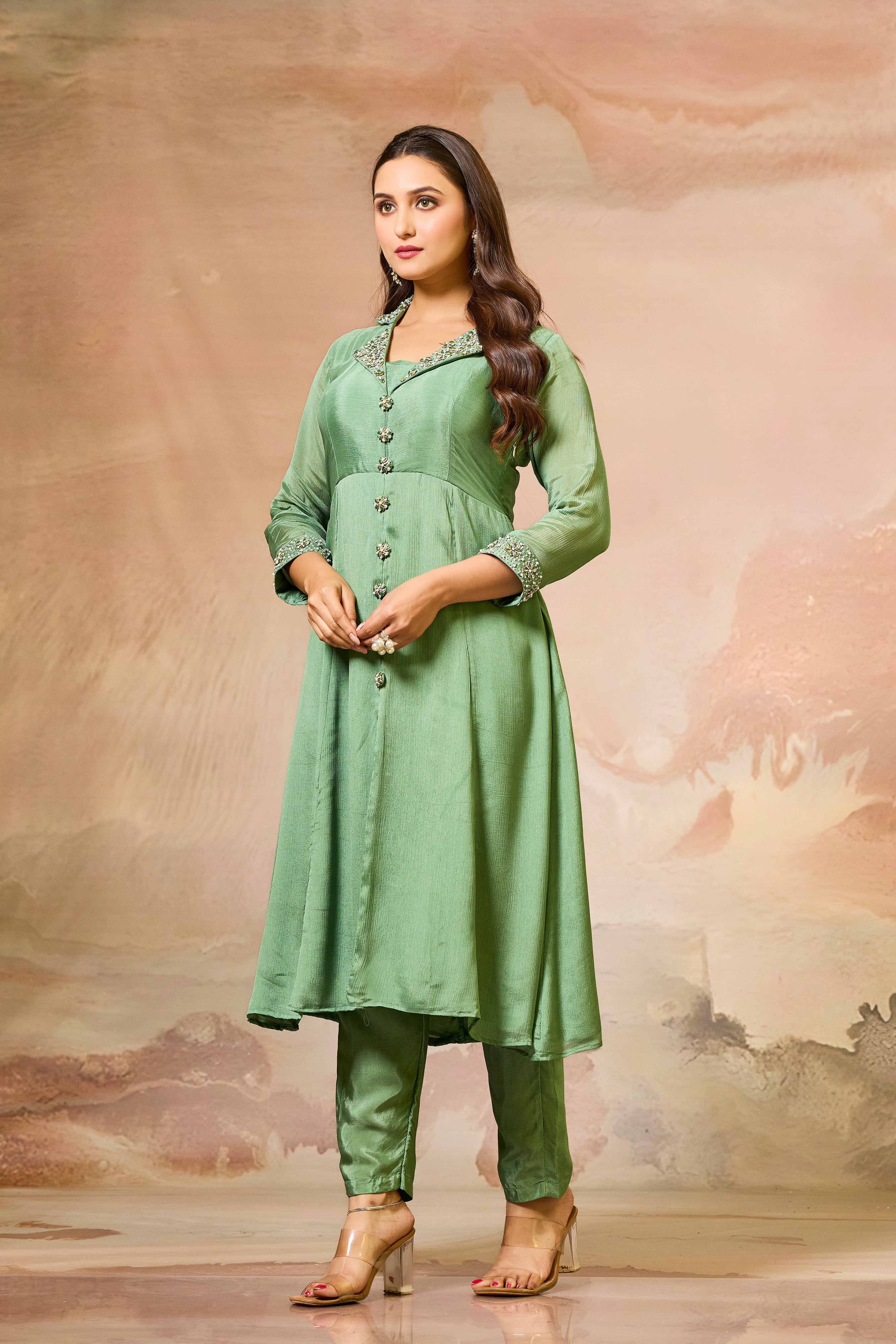 Green Embellished Chinon Silk Kurta Set