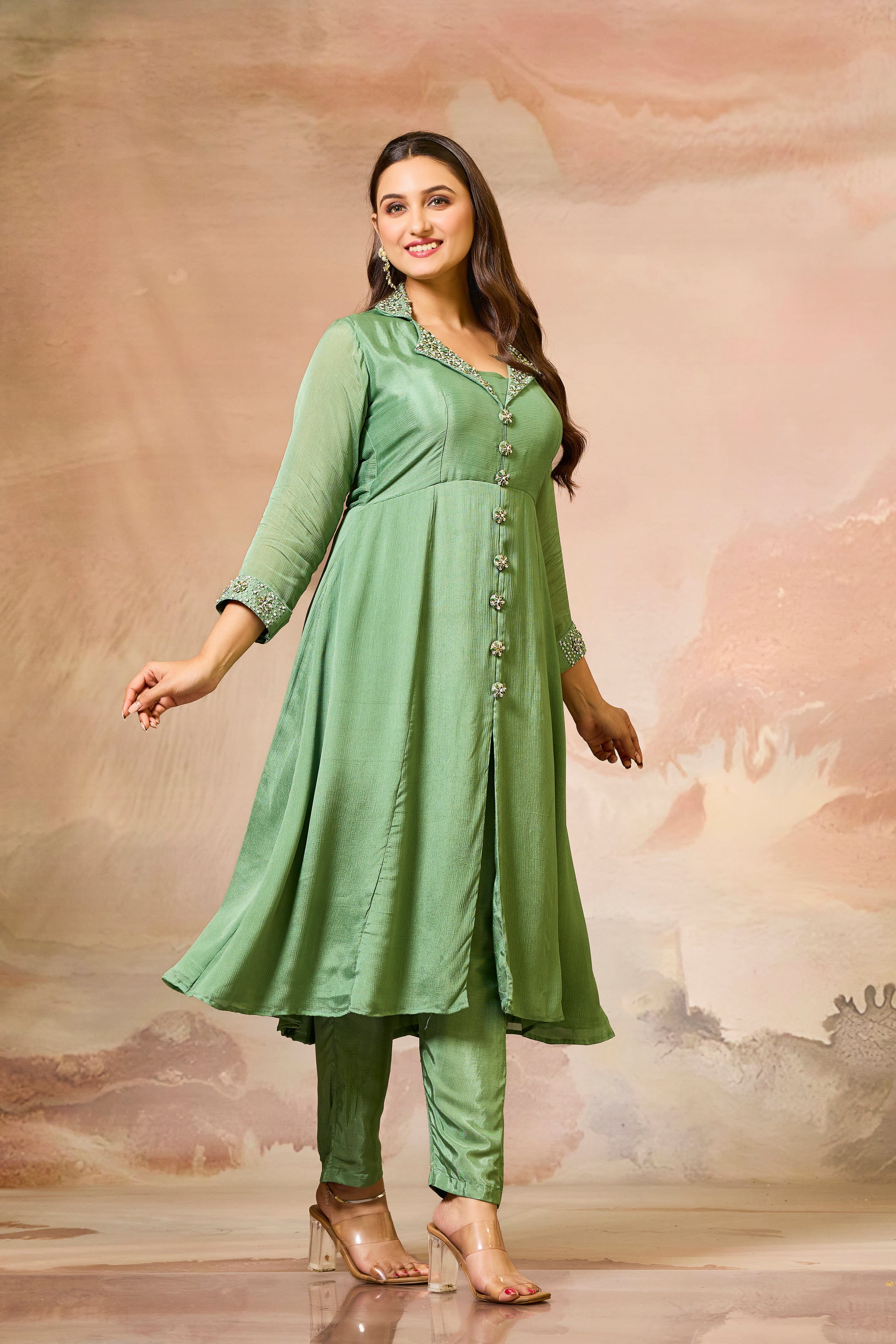 Green Embellished Chinon Silk Kurta Set
