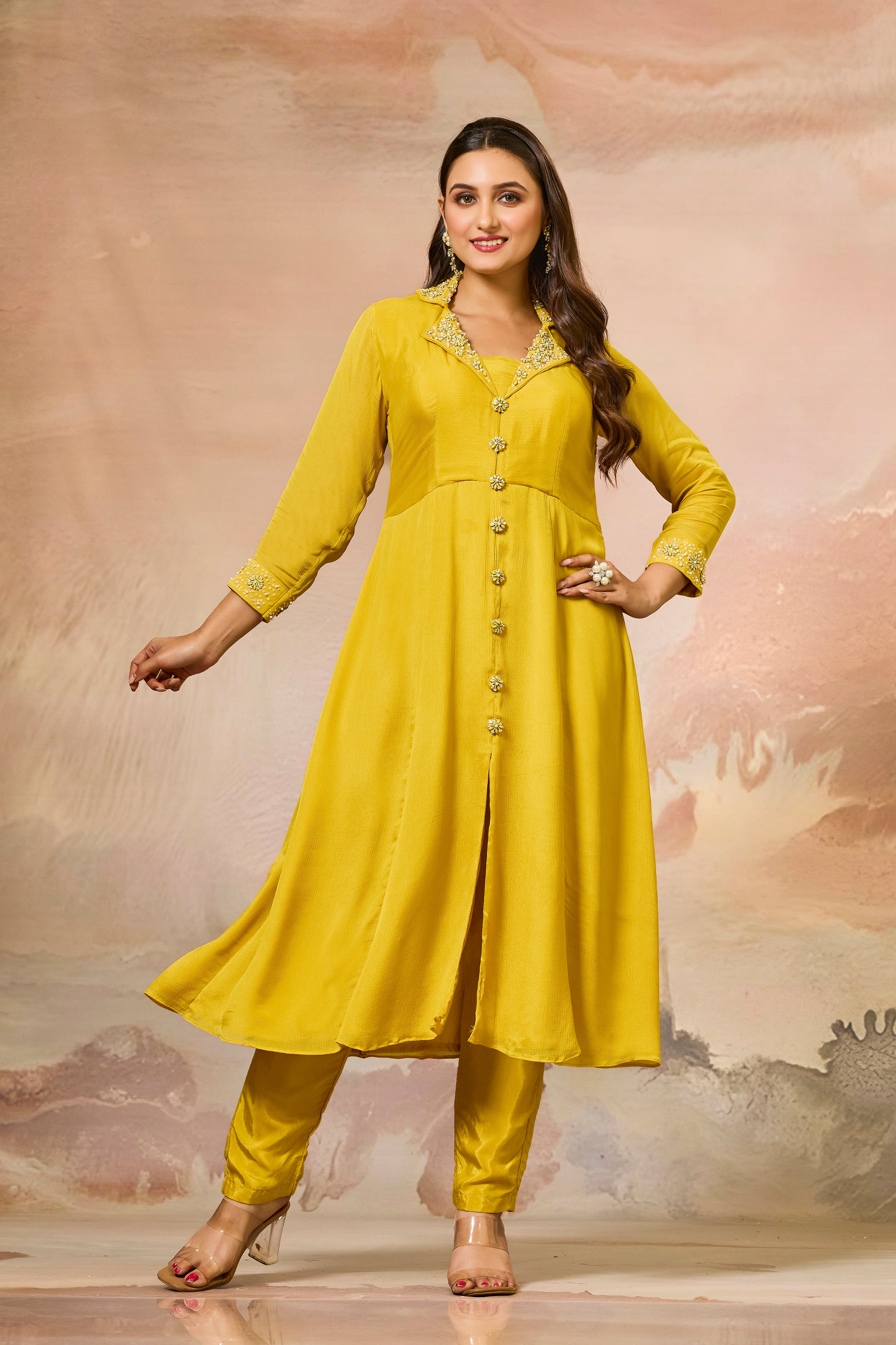 Yellow Embellished Chinon Silk Kurta Set
