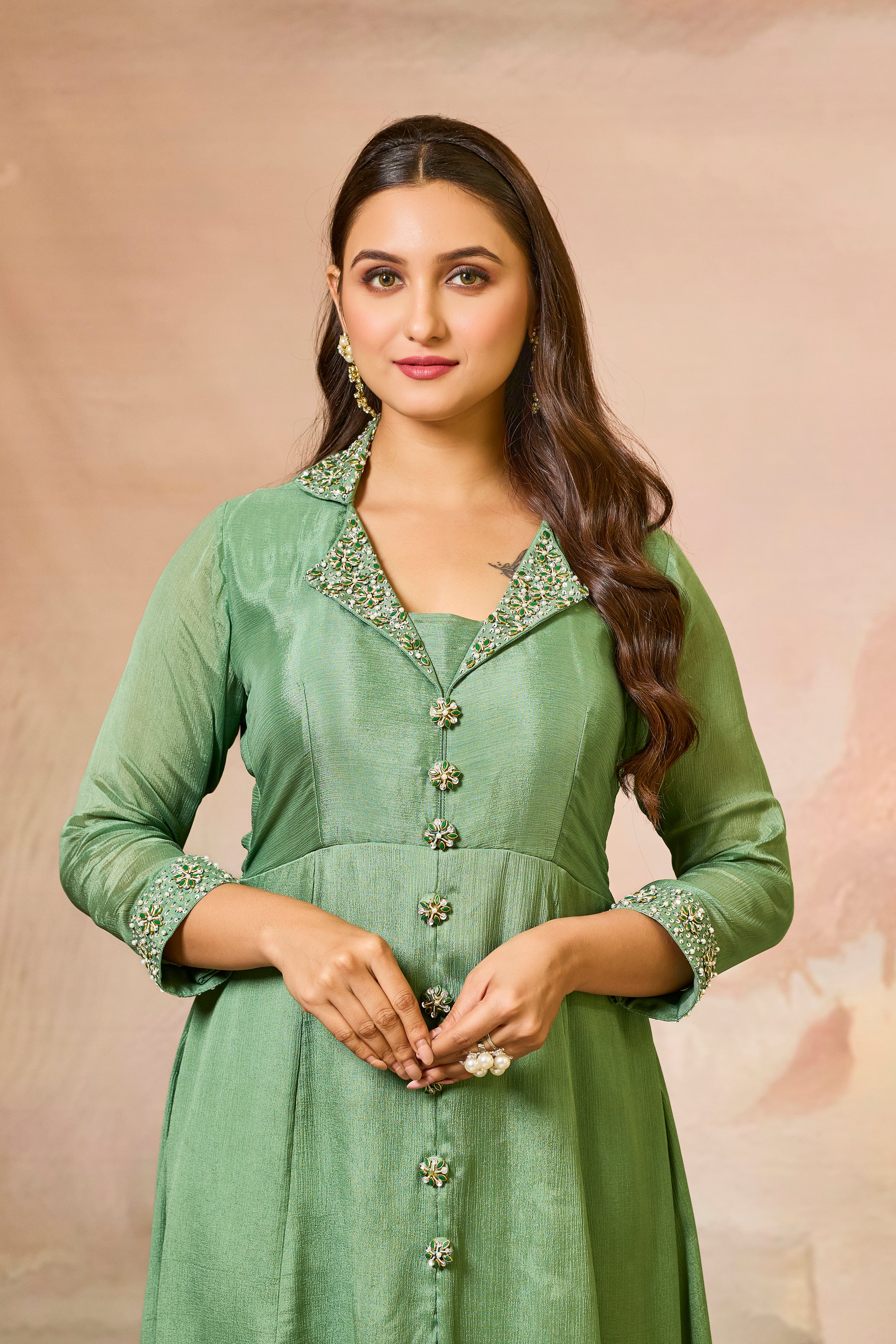 Green Embellished Chinon Silk Kurta Set