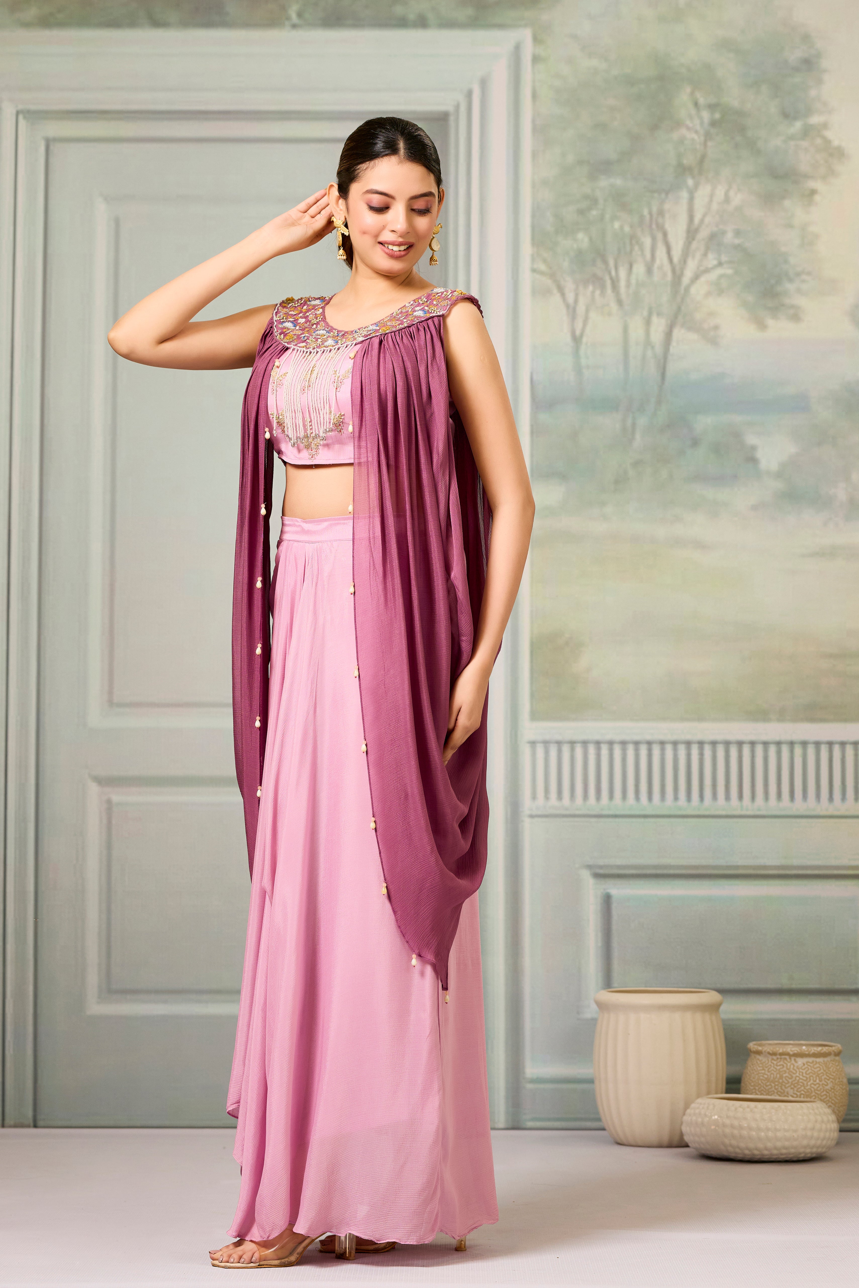 Forever Pink Embellished Chinon Silk Skirt Set