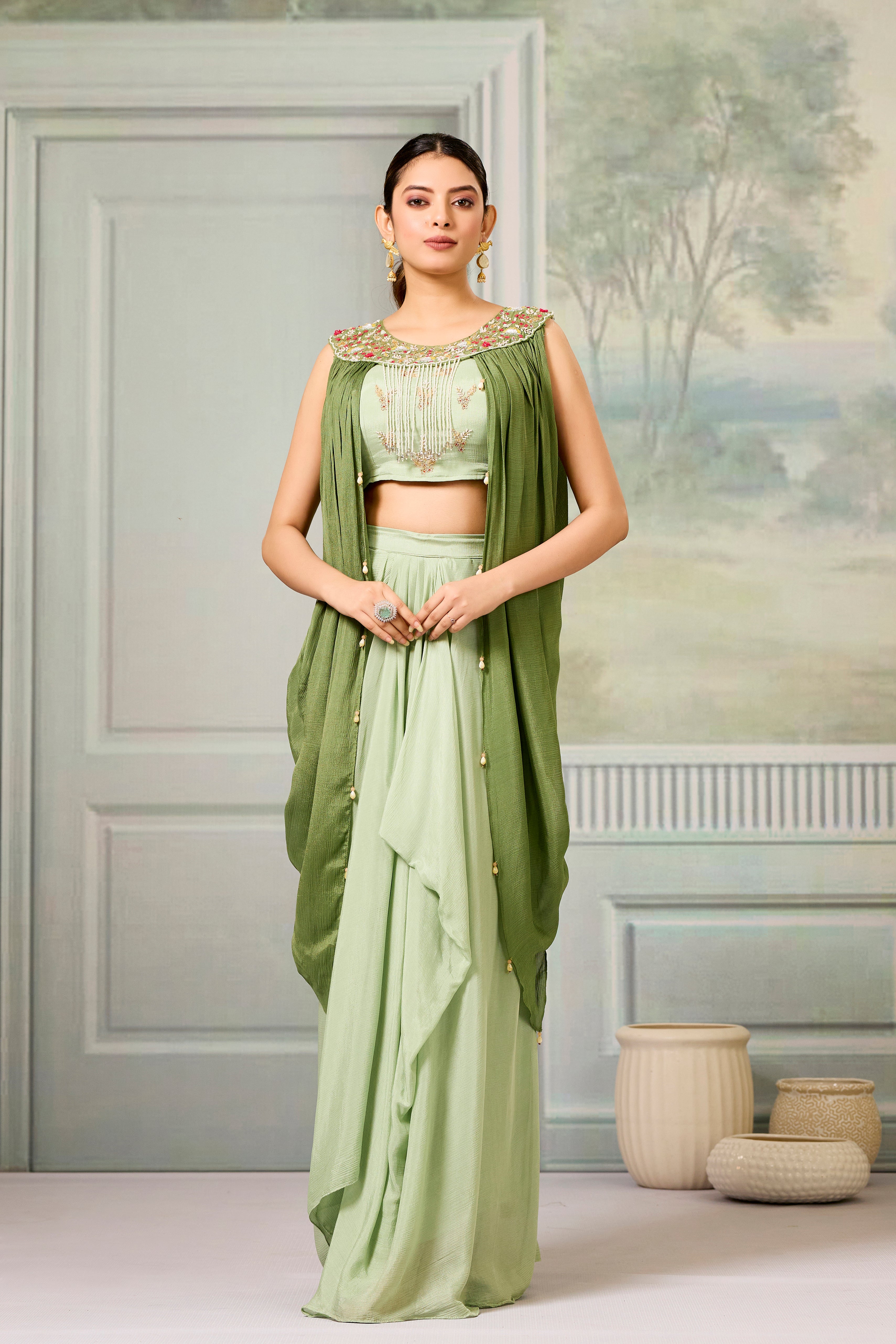 Green Embellished Chinon Silk Skirt Set