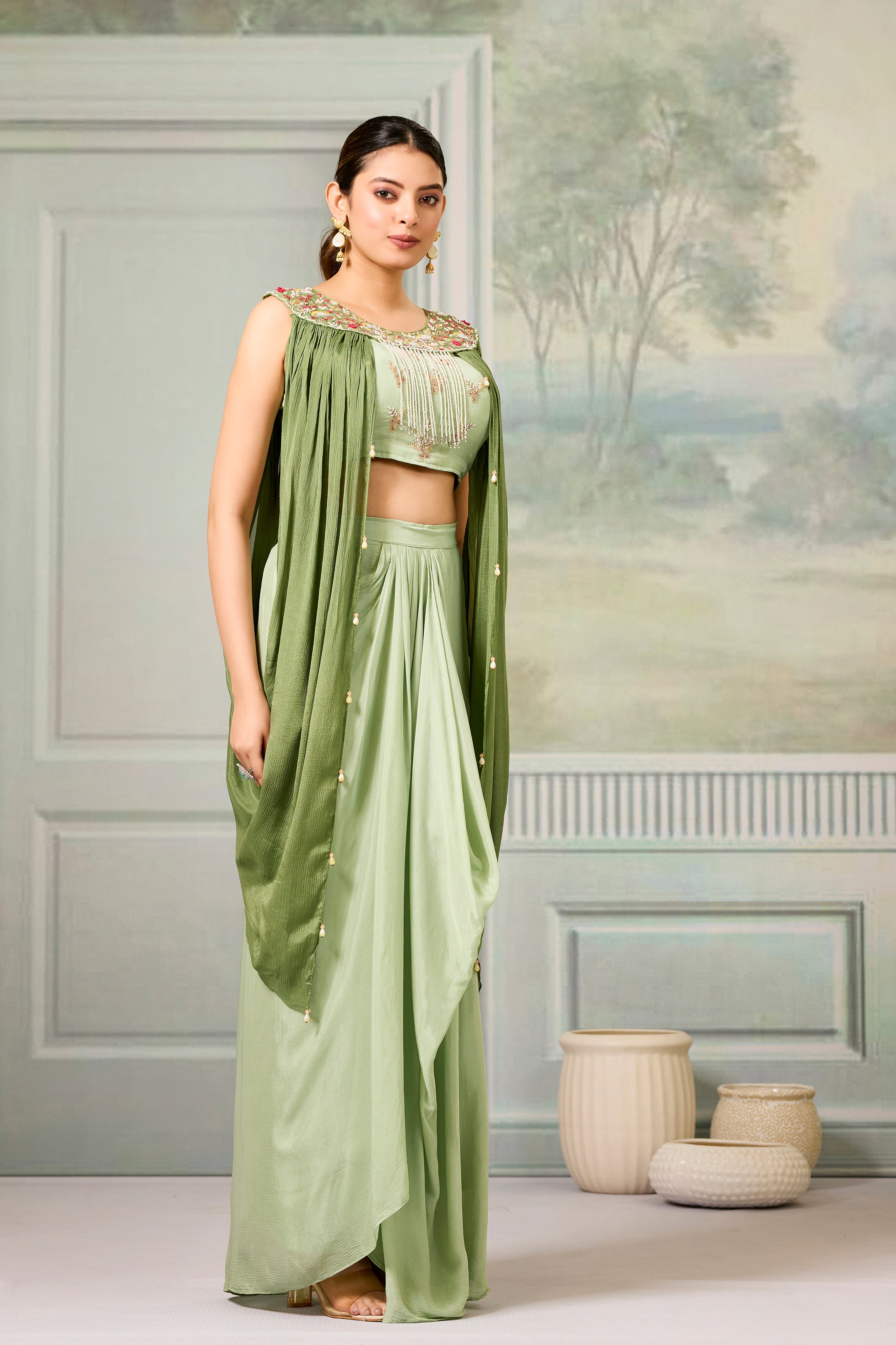 Green Embellished Chinon Silk Skirt Set