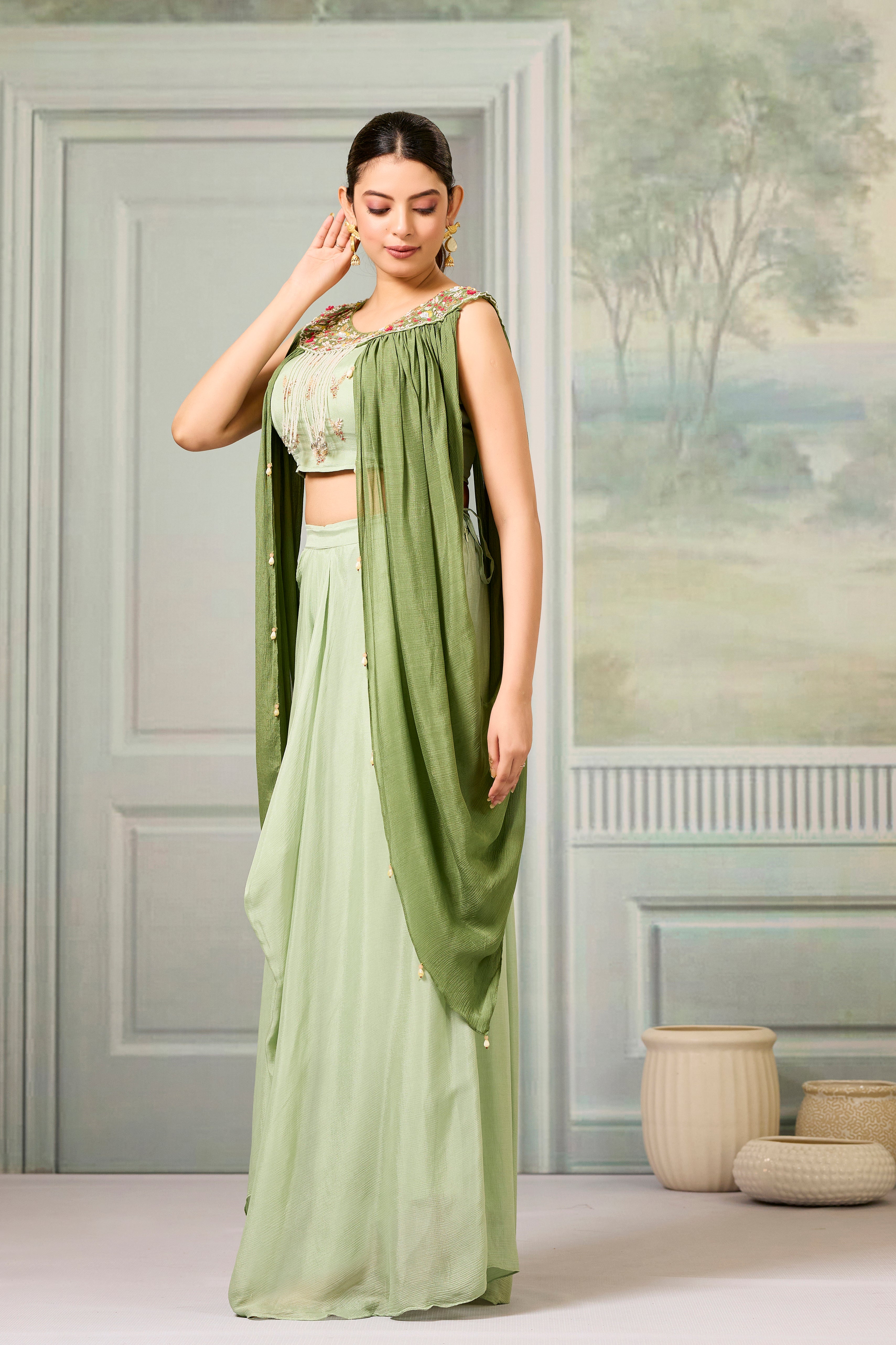 Green Embellished Chinon Silk Skirt Set
