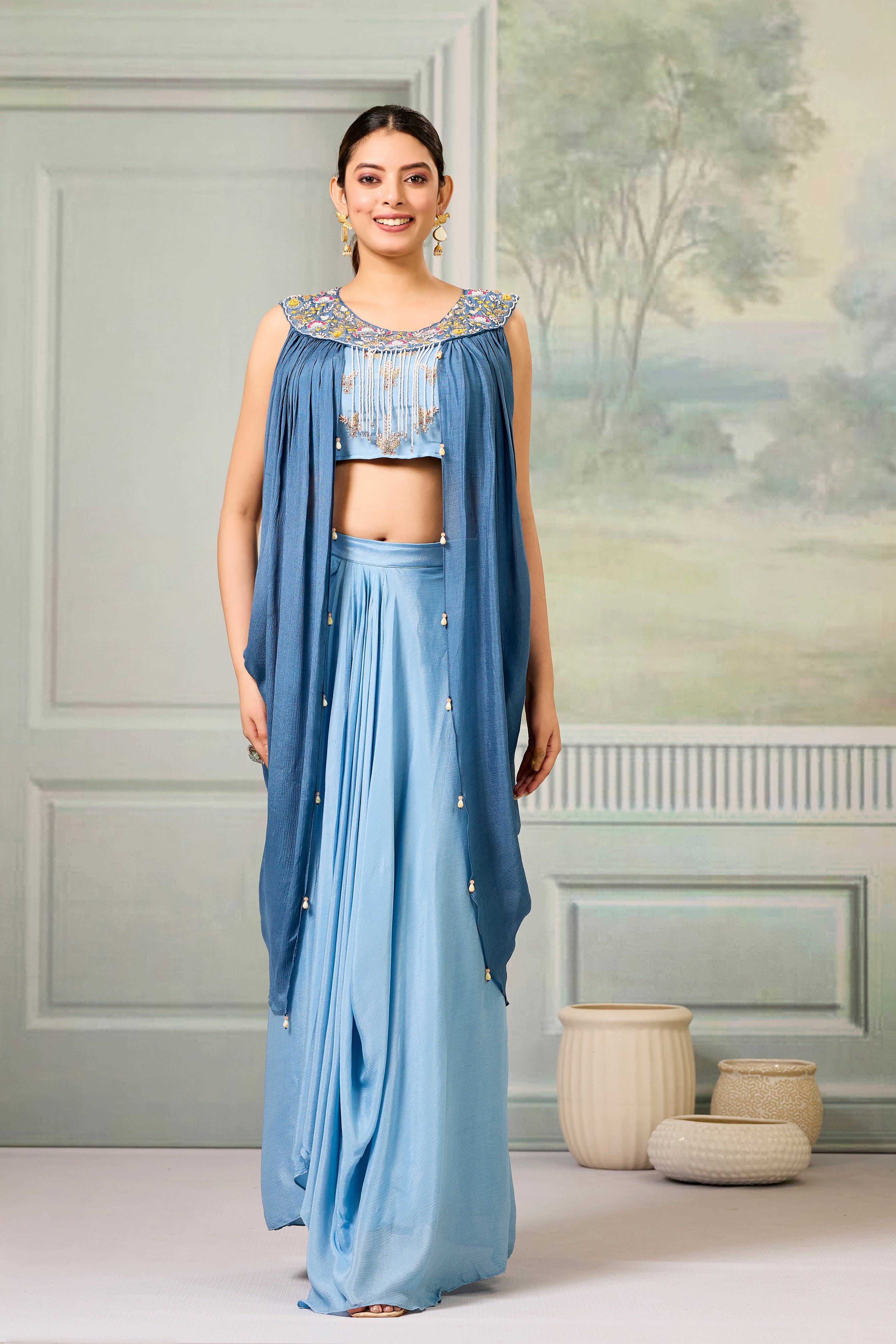 Blue Embellished Chinon Silk Skirt Set