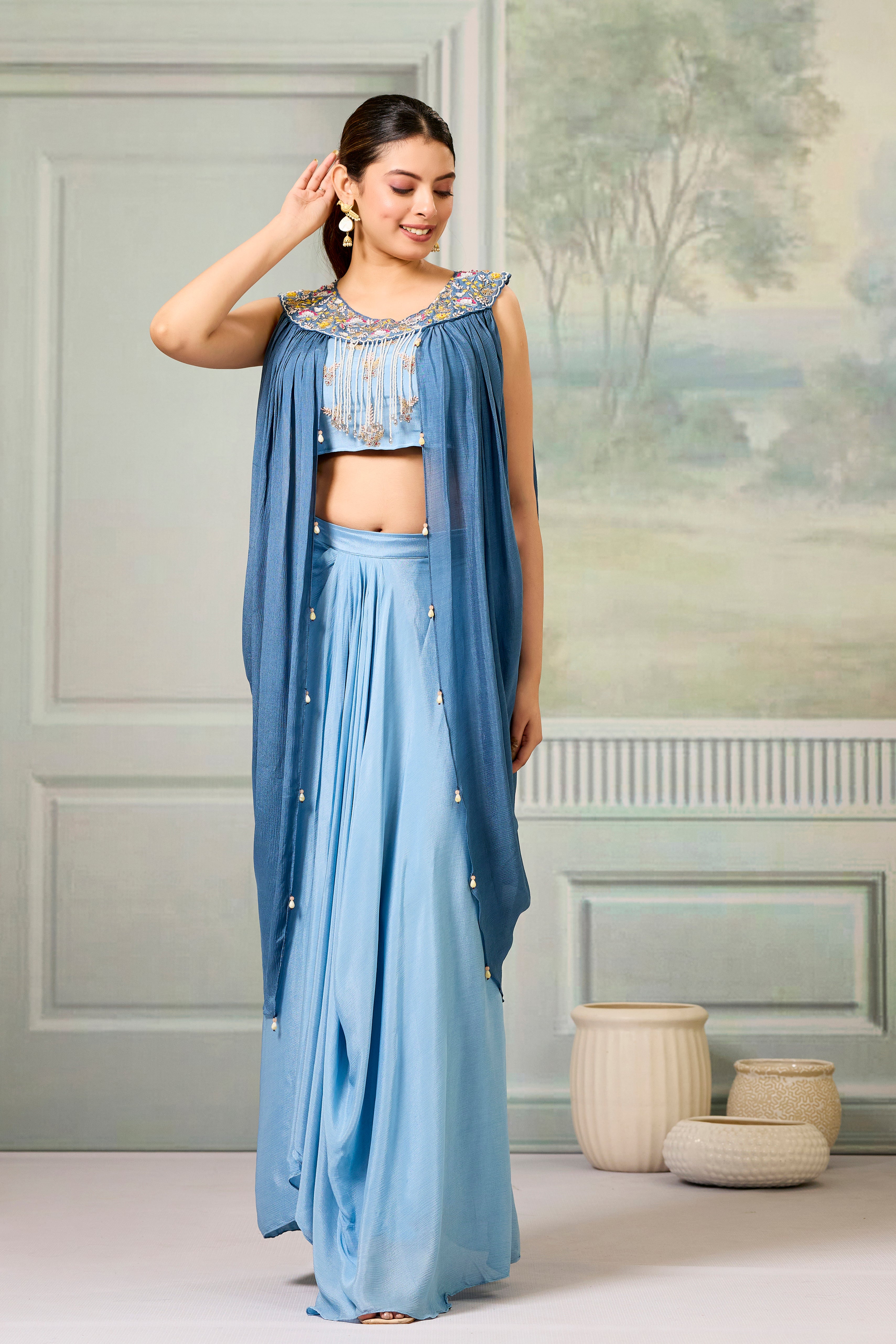 Blue Embellished Chinon Silk Skirt Set