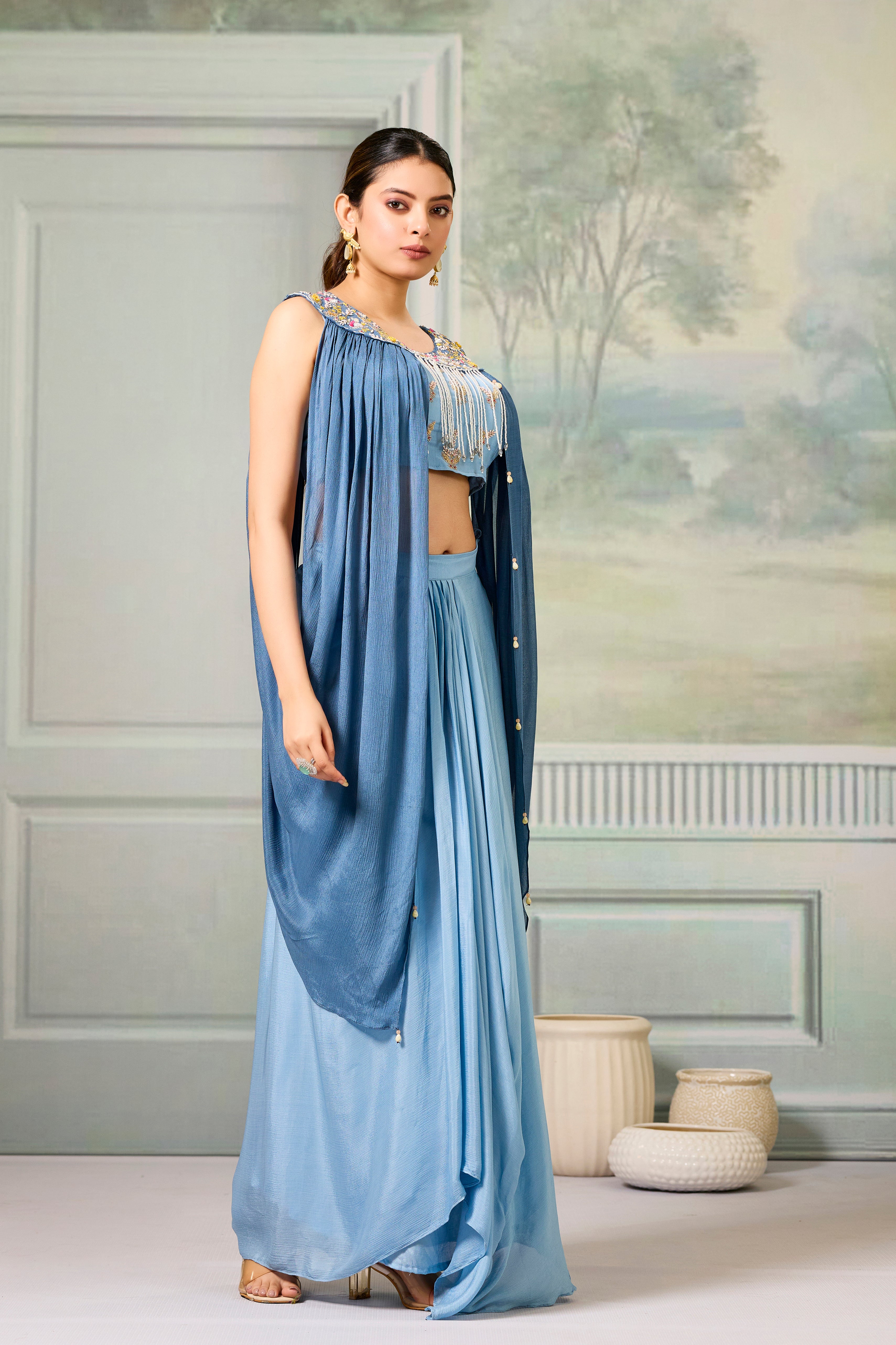 Blue Embellished Chinon Silk Skirt Set