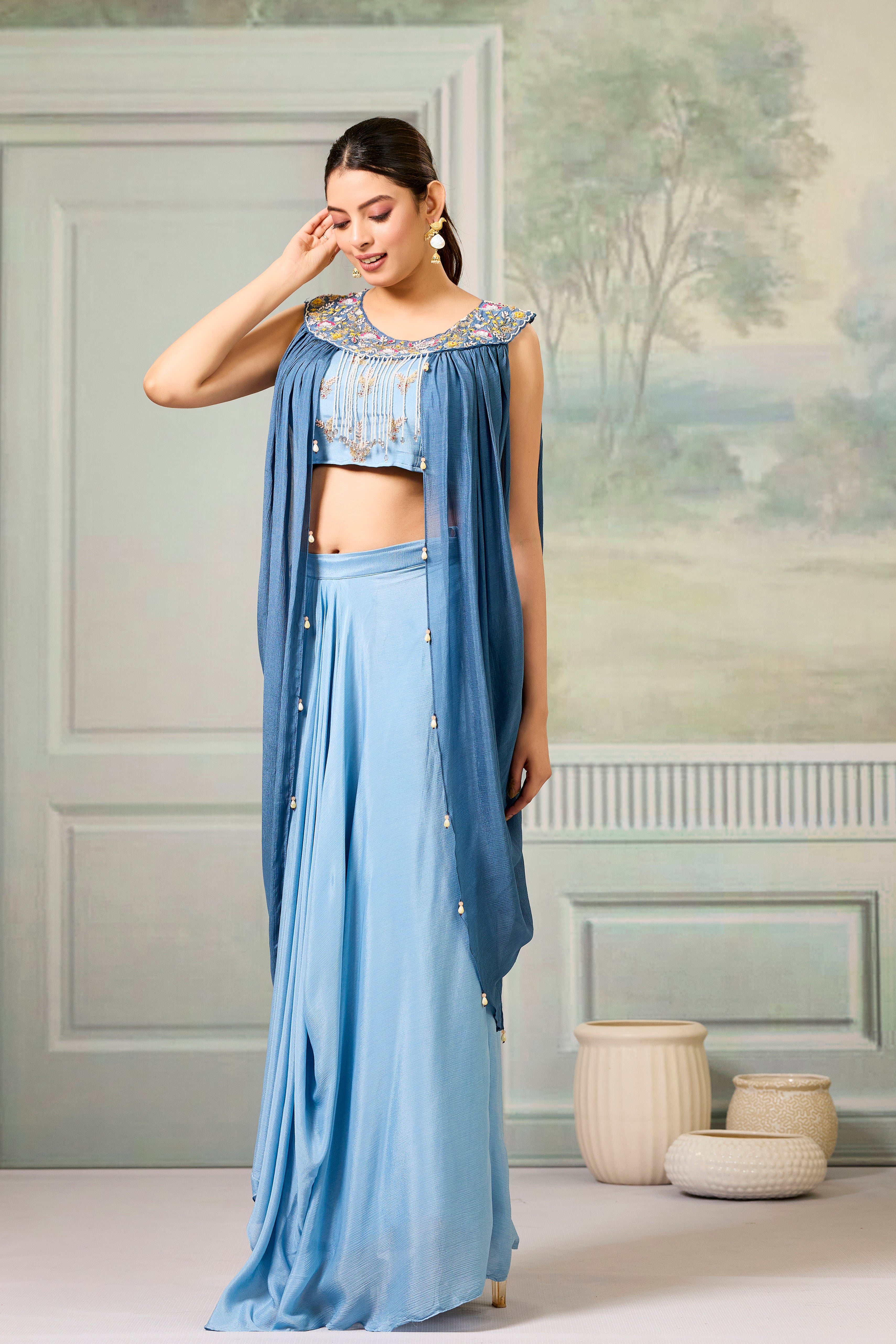 Blue Embellished Chinon Silk Skirt Set