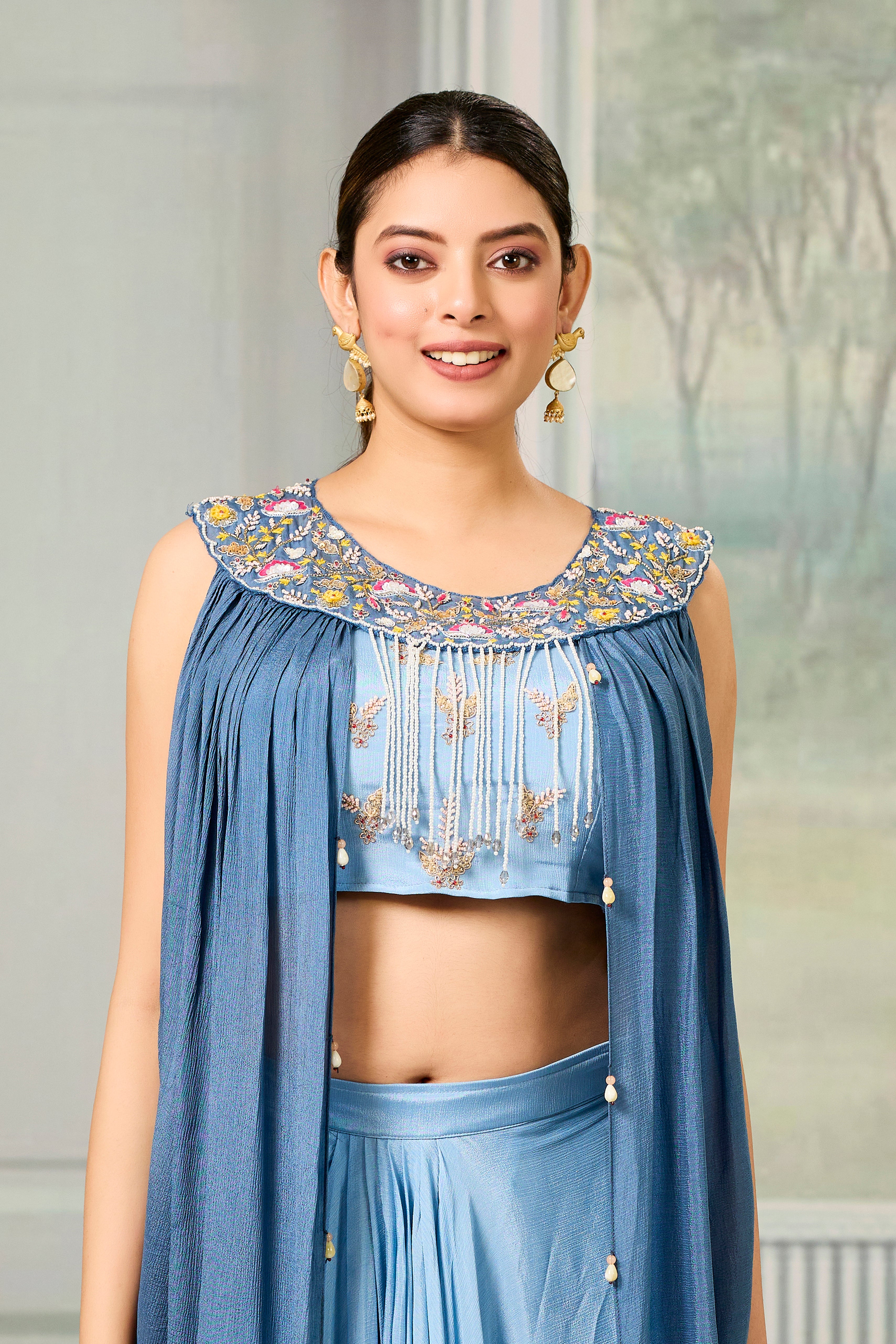 Blue Embellished Chinon Silk Skirt Set