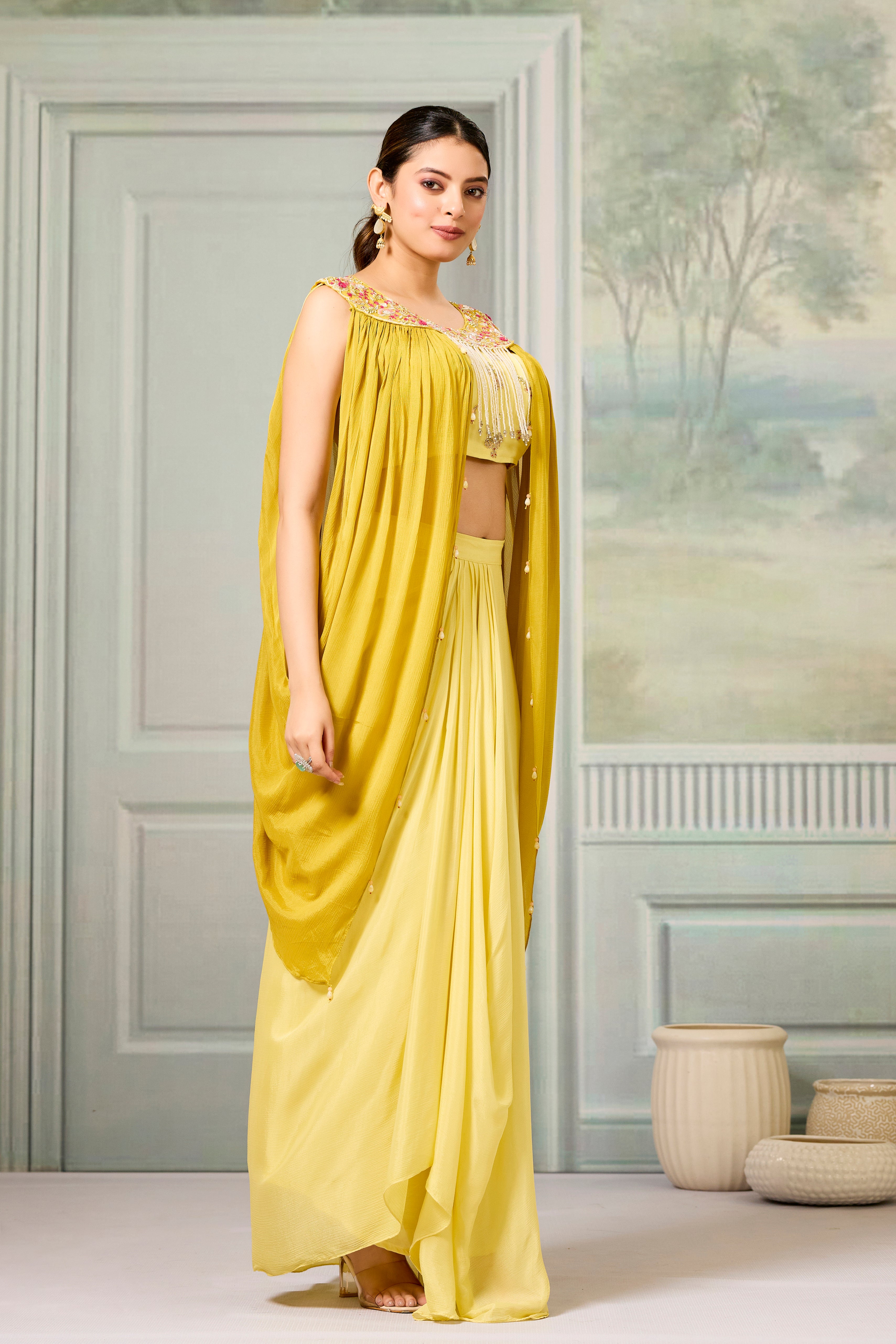 Yellow Embellished Chinon Silk Skirt Set