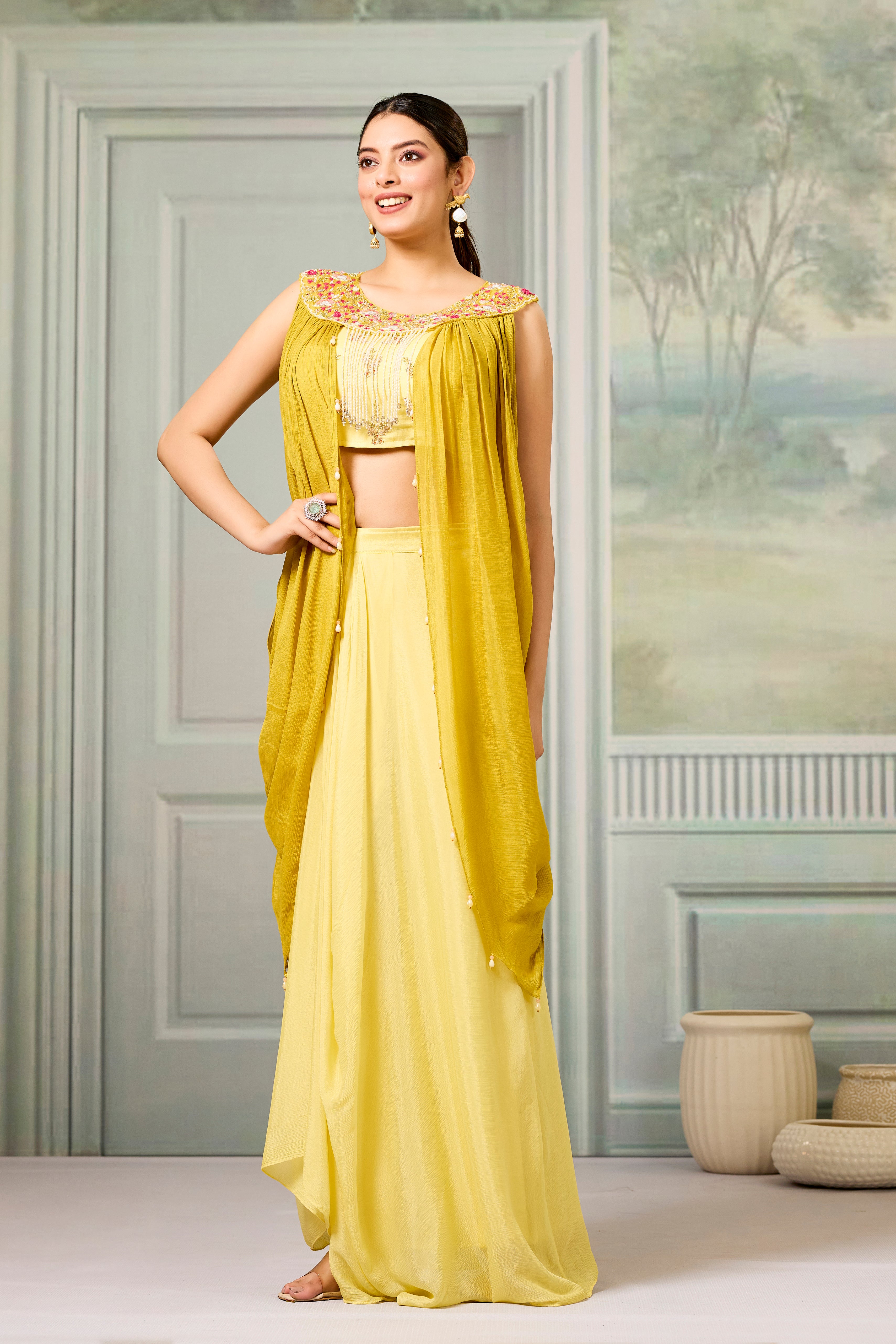 Yellow Embellished Chinon Silk Skirt Set