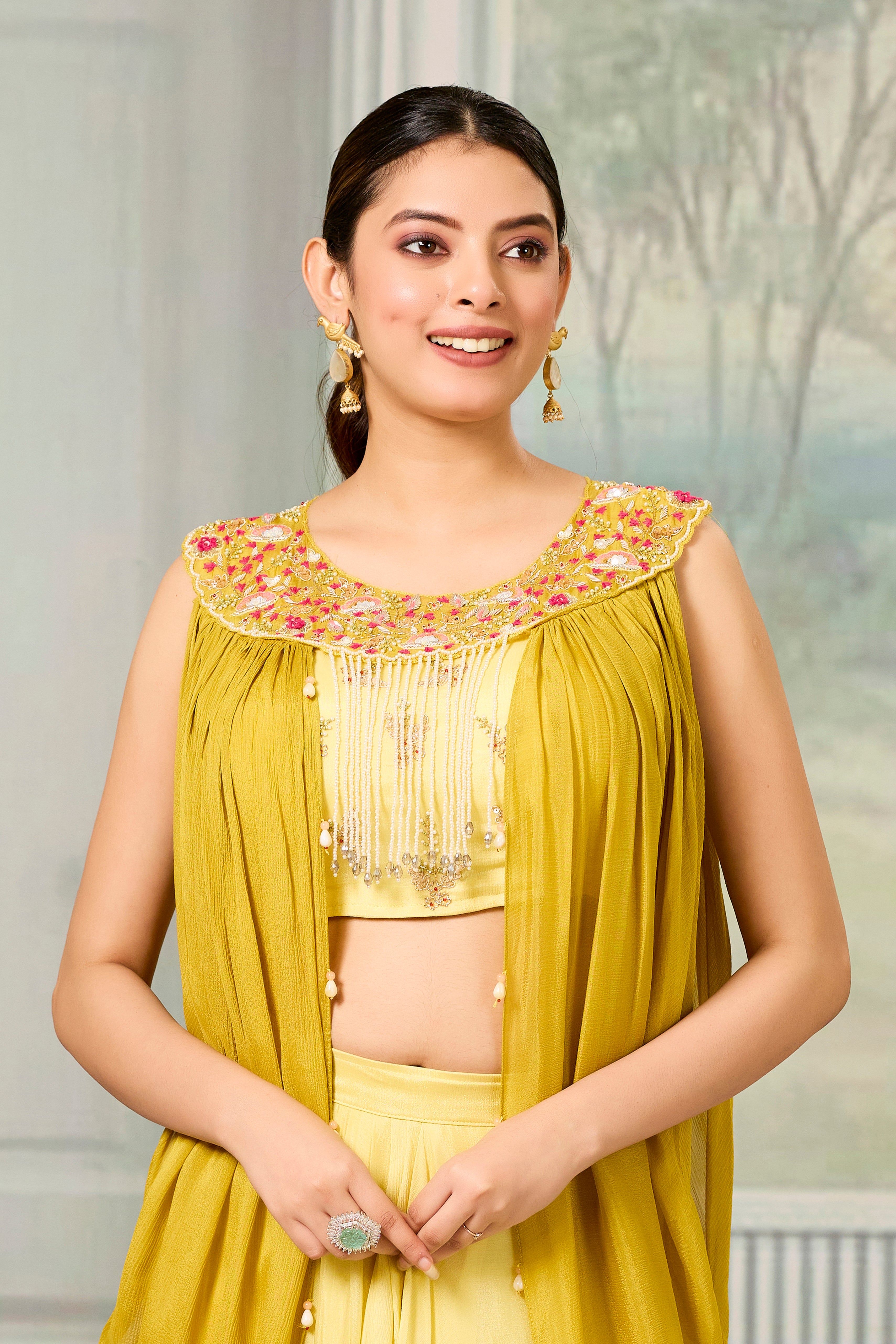 Yellow Embellished Chinon Silk Skirt Set