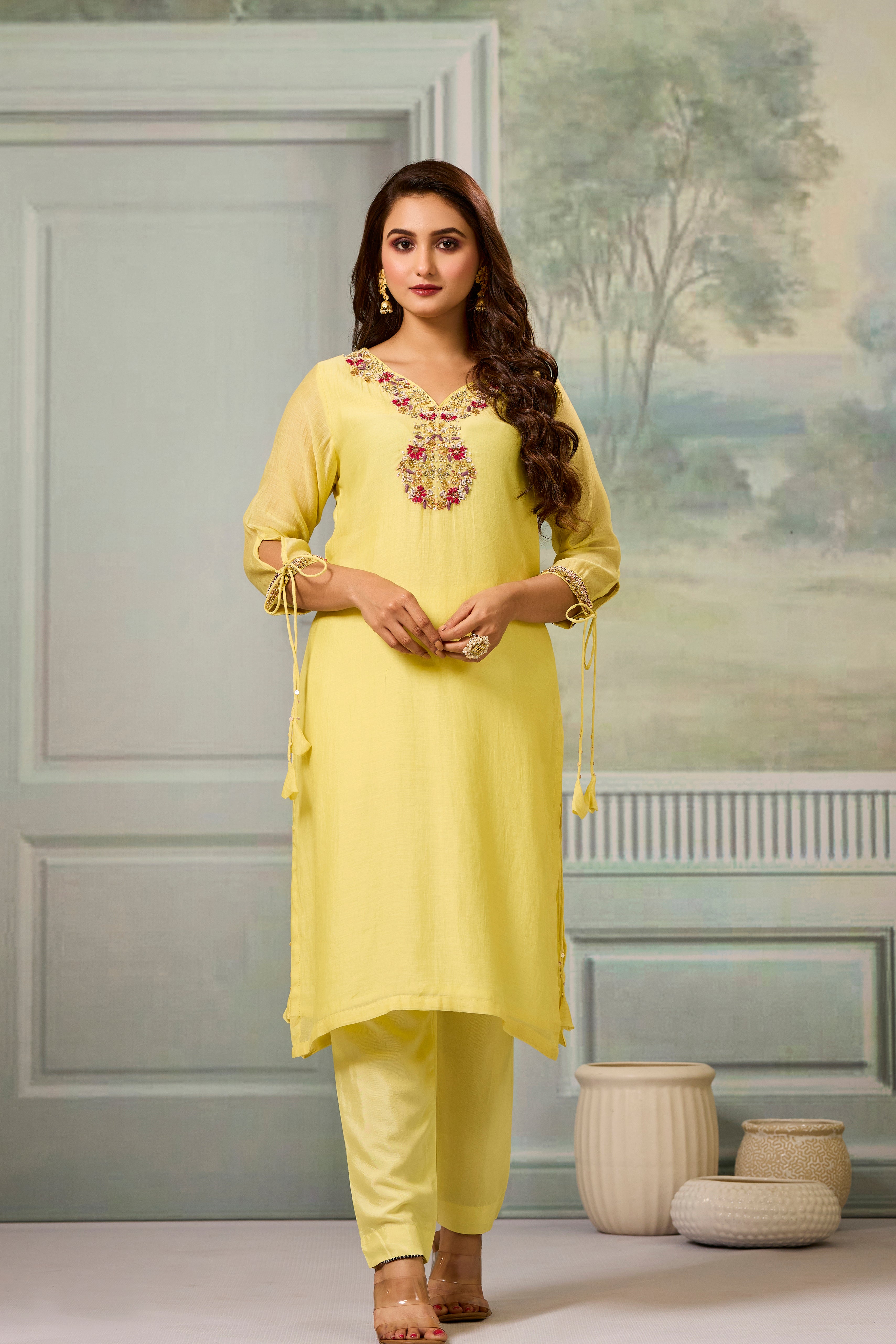 Yellow Handwork Mul-Chanderi Silk Kurta Pants Set