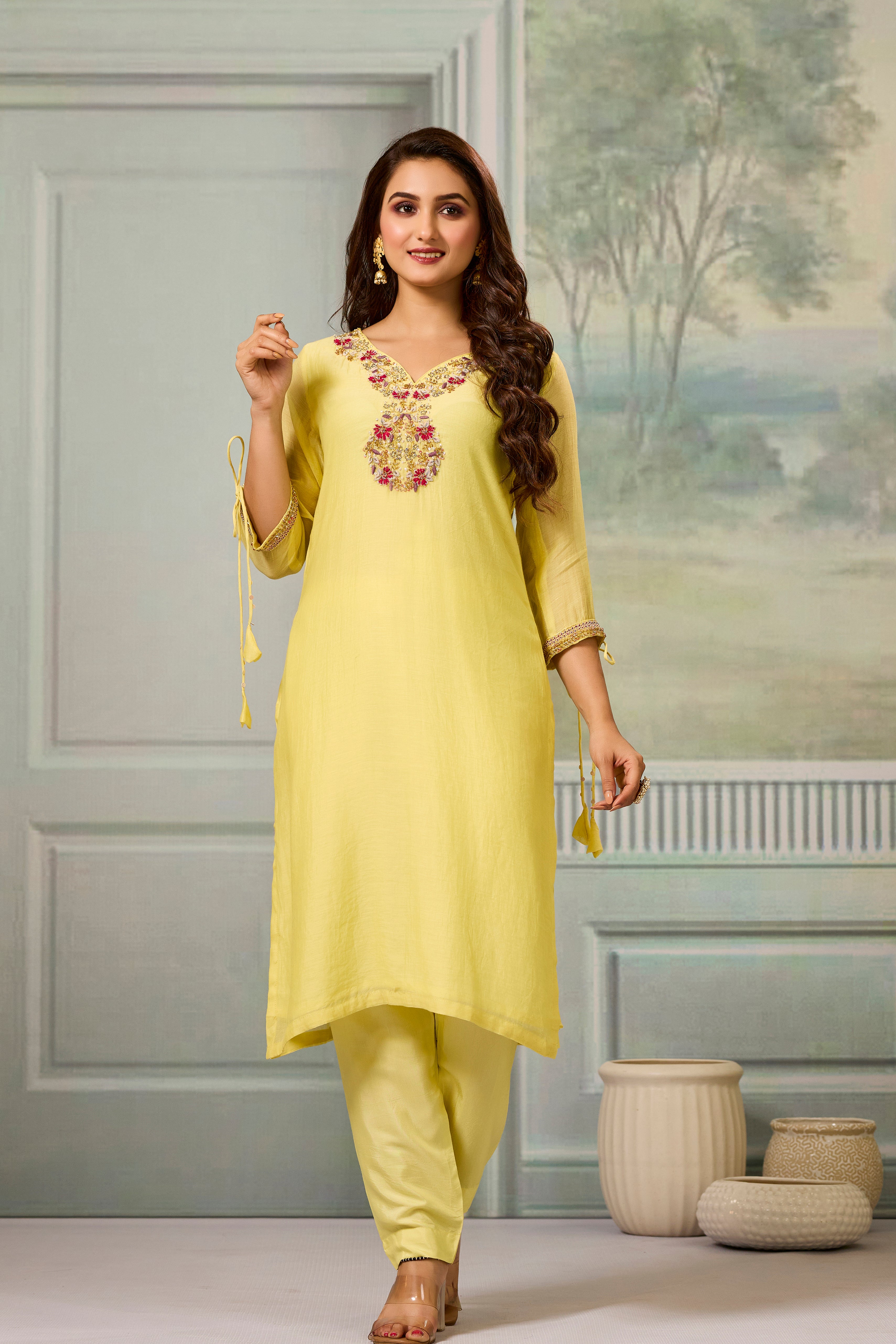 Yellow Handwork Mul-Chanderi Silk Kurta Pants Set