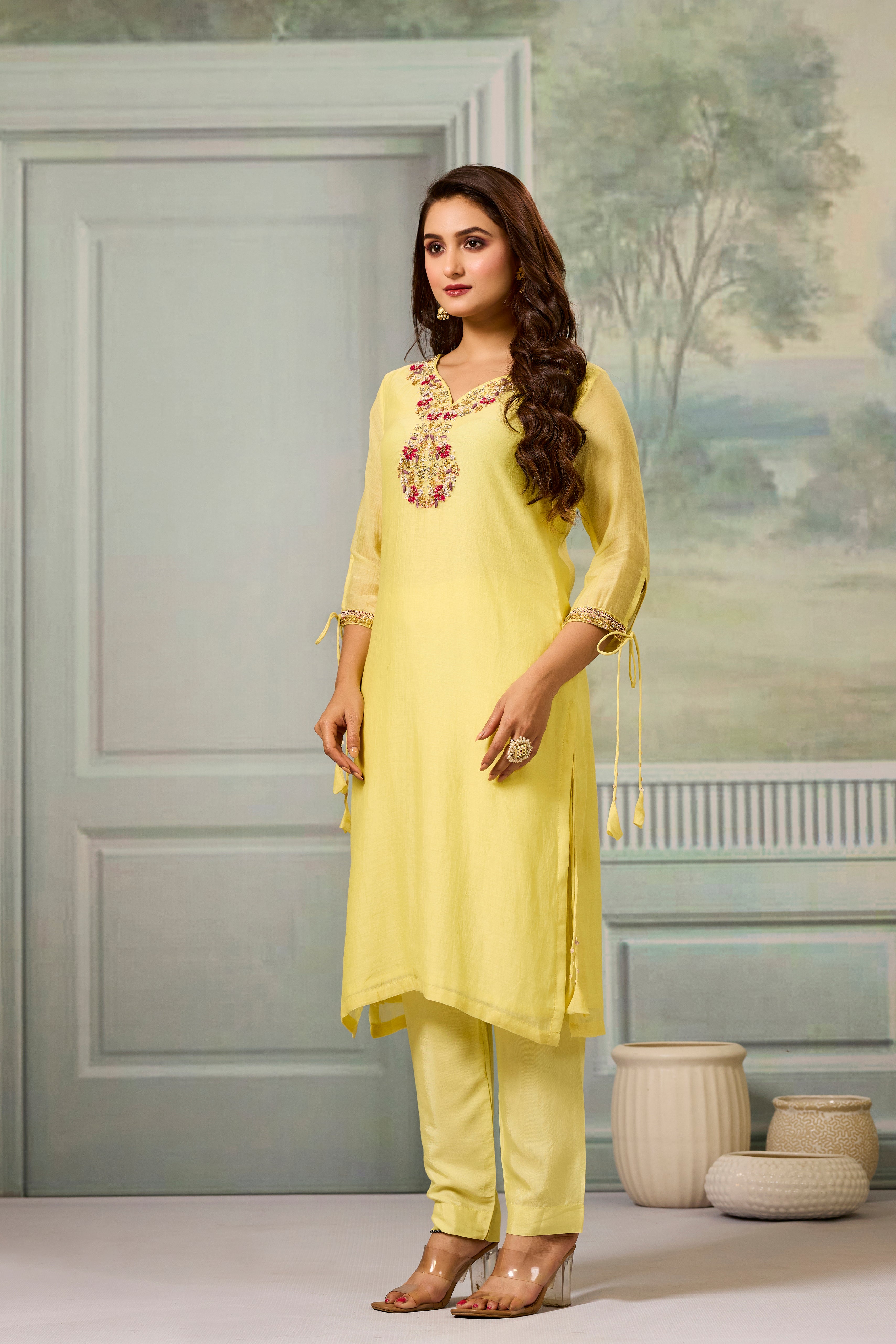 Yellow Handwork Mul-Chanderi Silk Kurta Pants Set